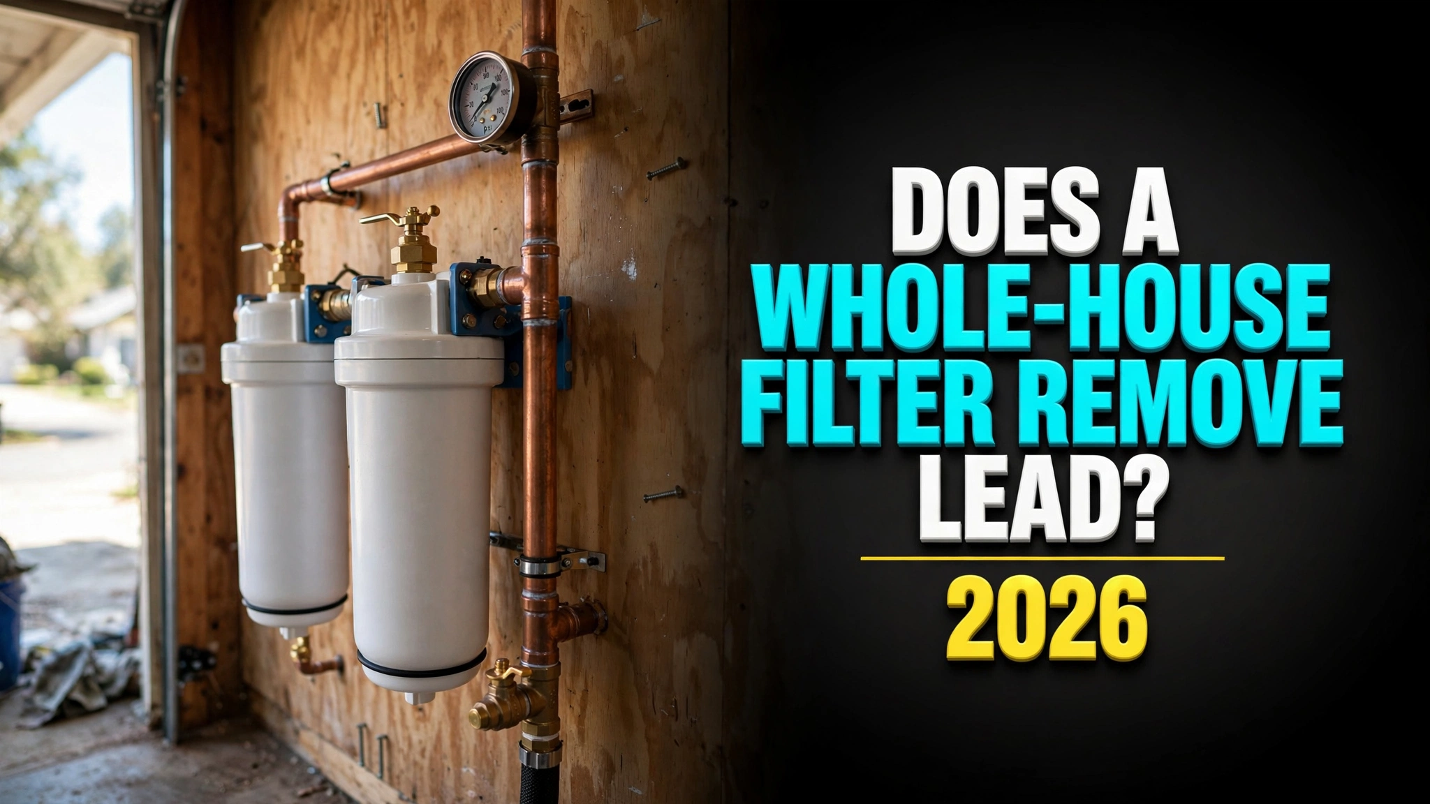 Whole-house filter housings on copper main-line pipes in a garage, overlaid headline: Does a whole-house filter remove lead? 2026