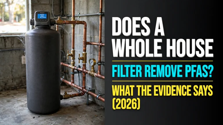 Does a whole house water filter remove PFAS? Featured image: charcoal media tank with 2026 evidence headline
