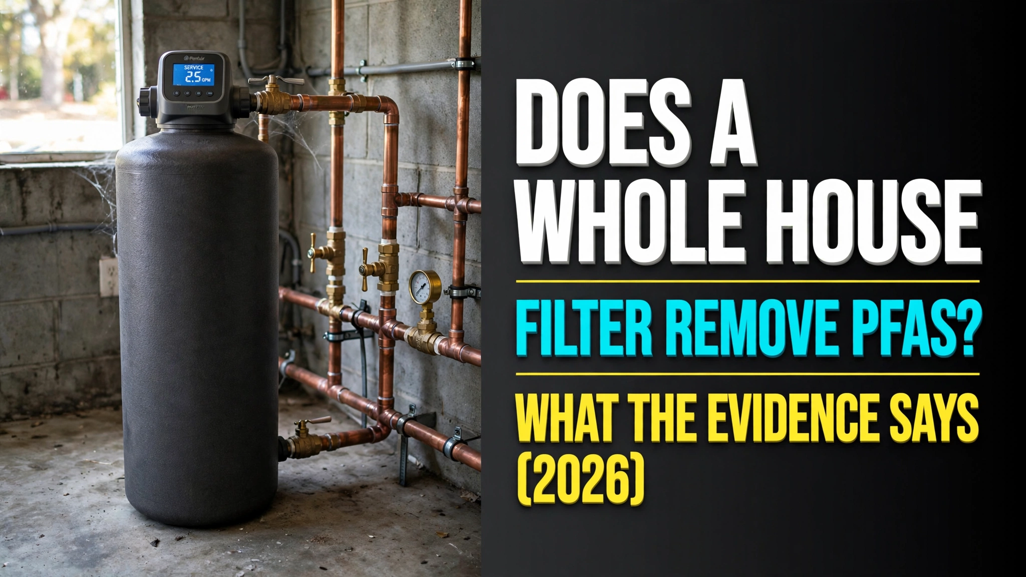 Does a whole house water filter remove PFAS? Featured image: charcoal media tank with 2026 evidence headline