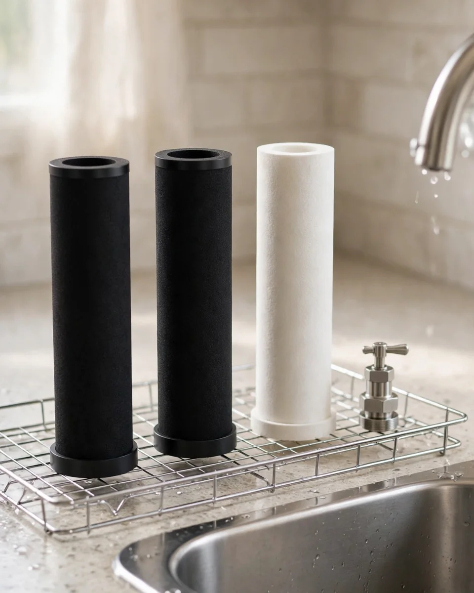 Filter elements drying fully on a rack next to a spigot part — the storage step that prevents mold