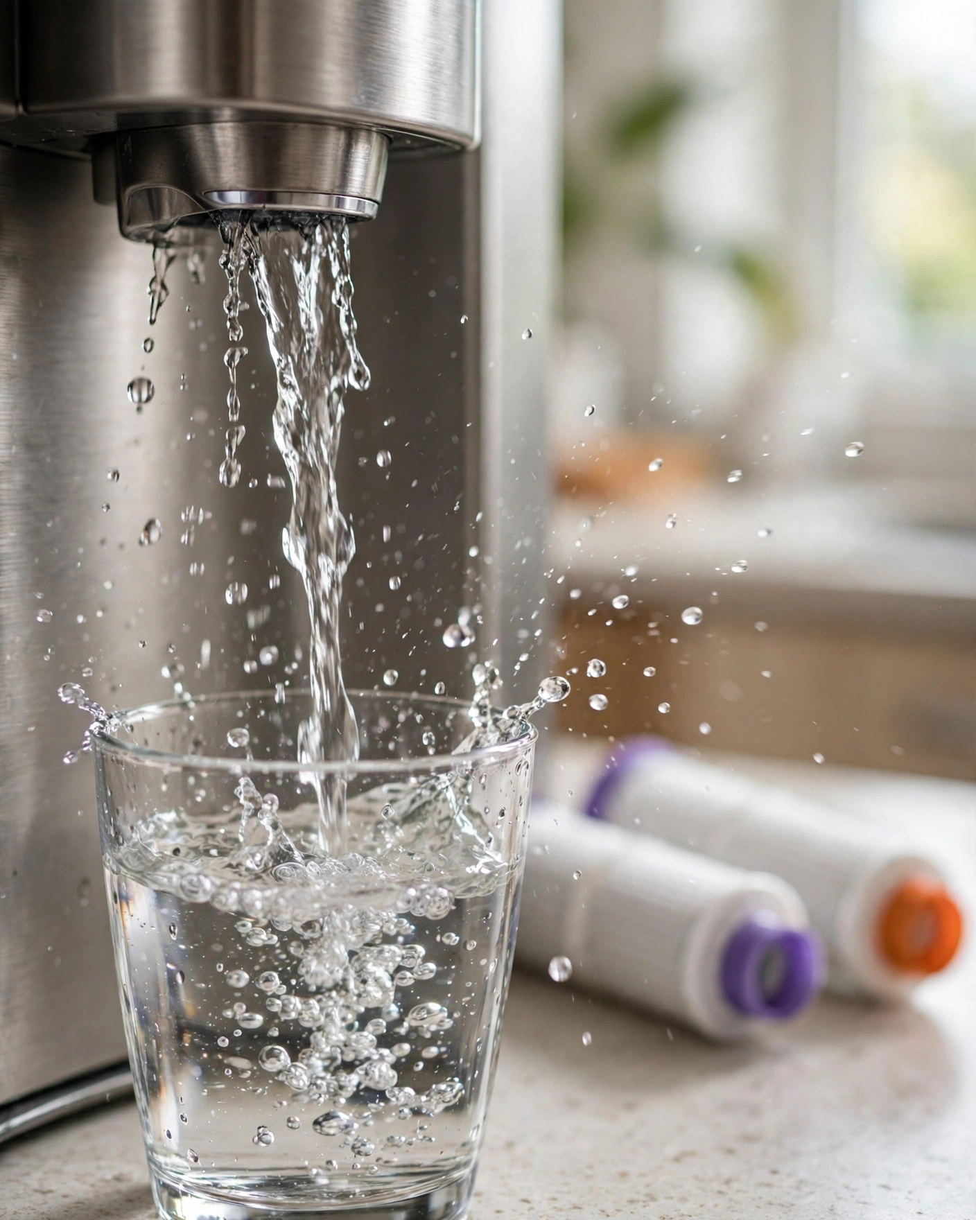 Water pouring from a stainless refrigerator dispenser into a glass, filter cartridges blurred behind
