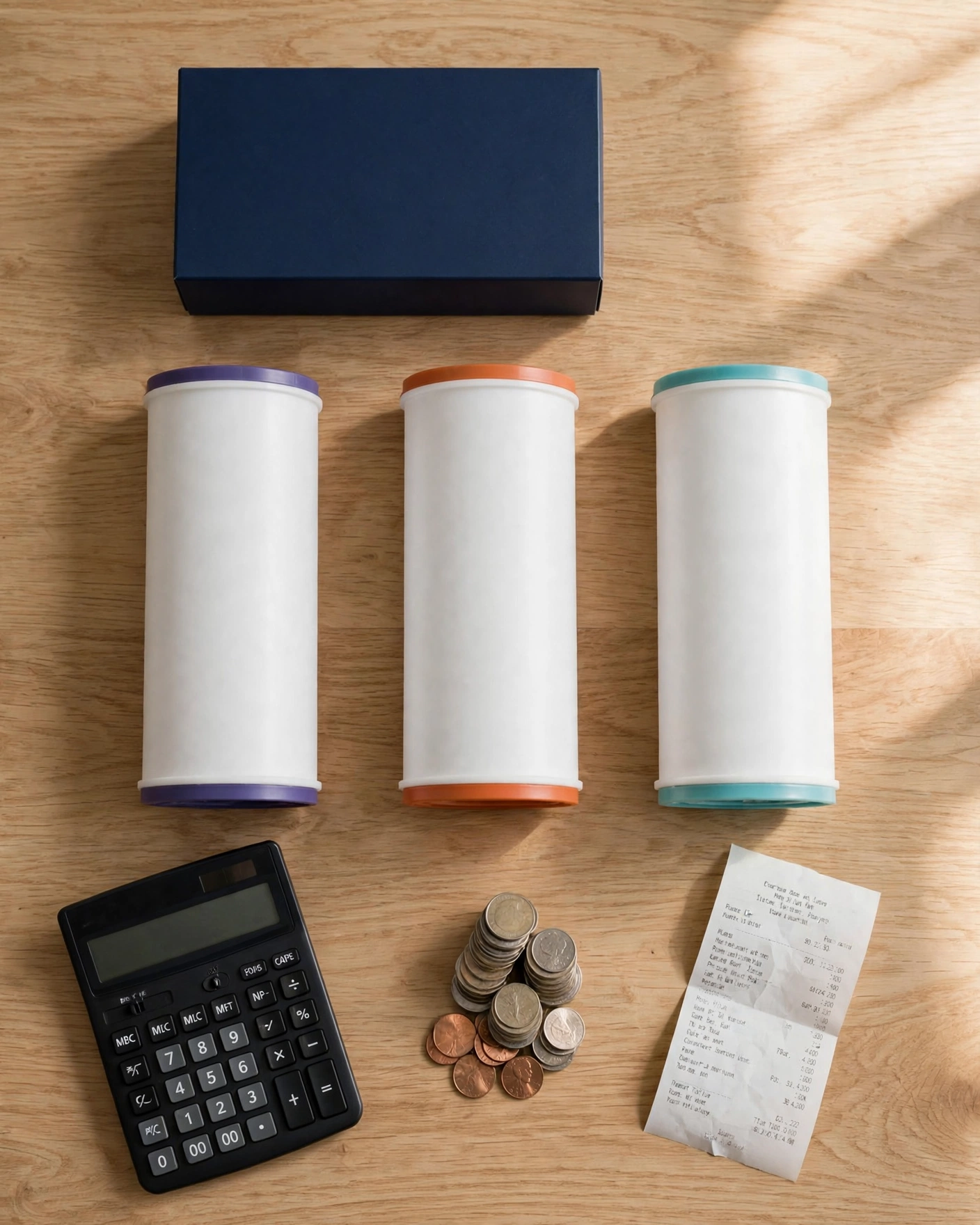 Filter cartridges, plain retail box, calculator, coins and receipt on light oak — yearly cost flat-lay