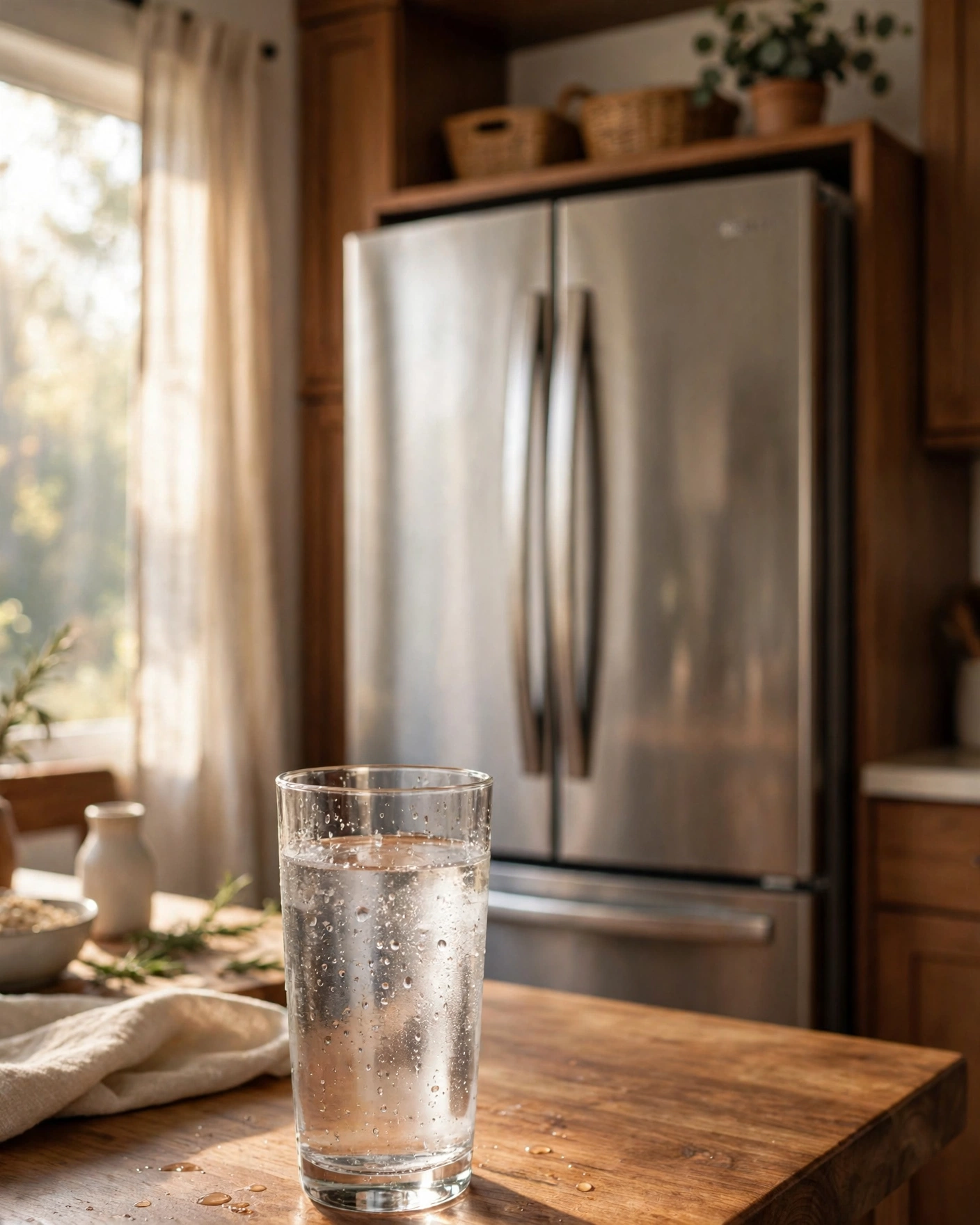 Closed stainless French-door refrigerator with a glass of filtered water on the counter