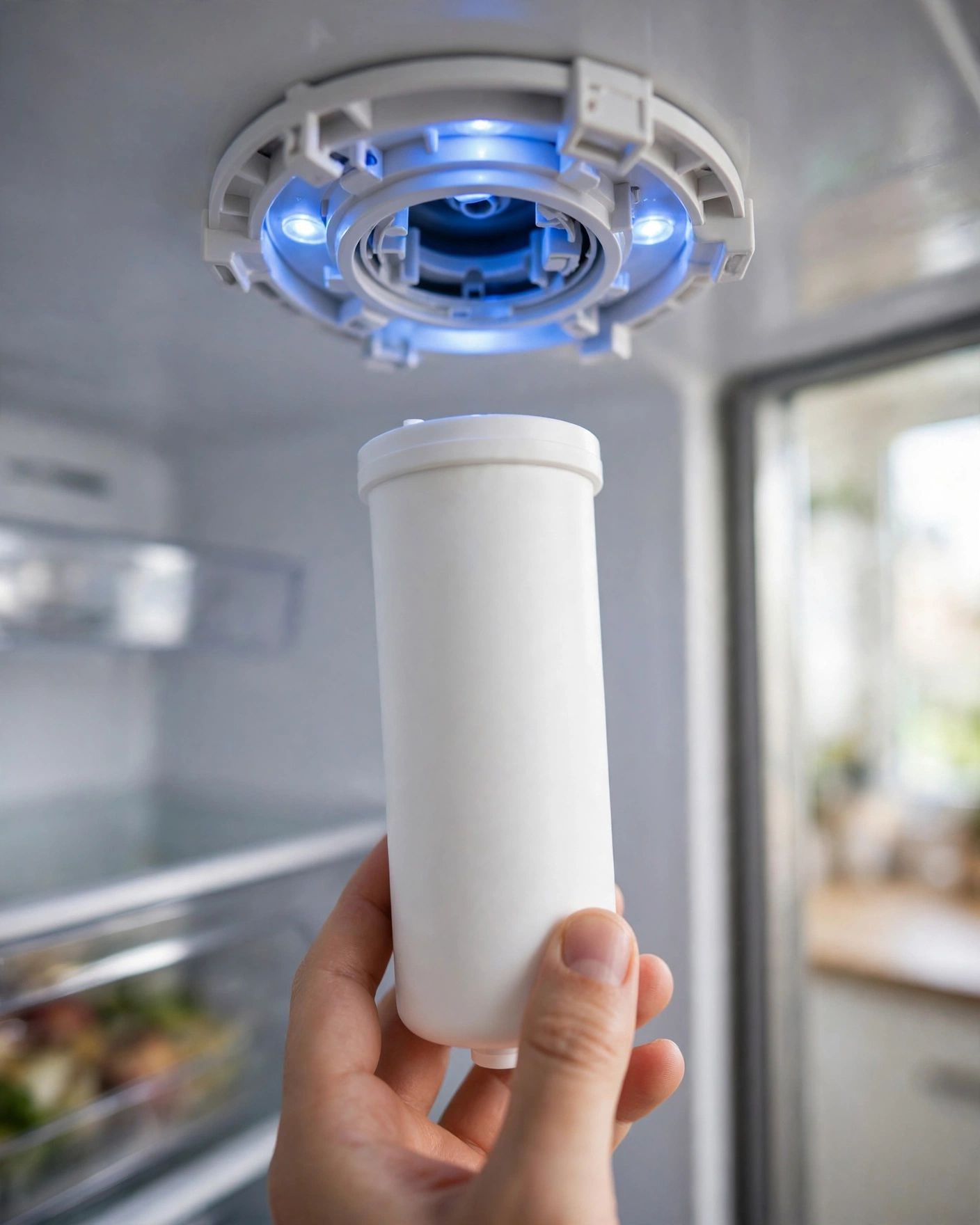 Hand holding an unlabeled filter cartridge beside a glowing refrigerator filter housing socket
