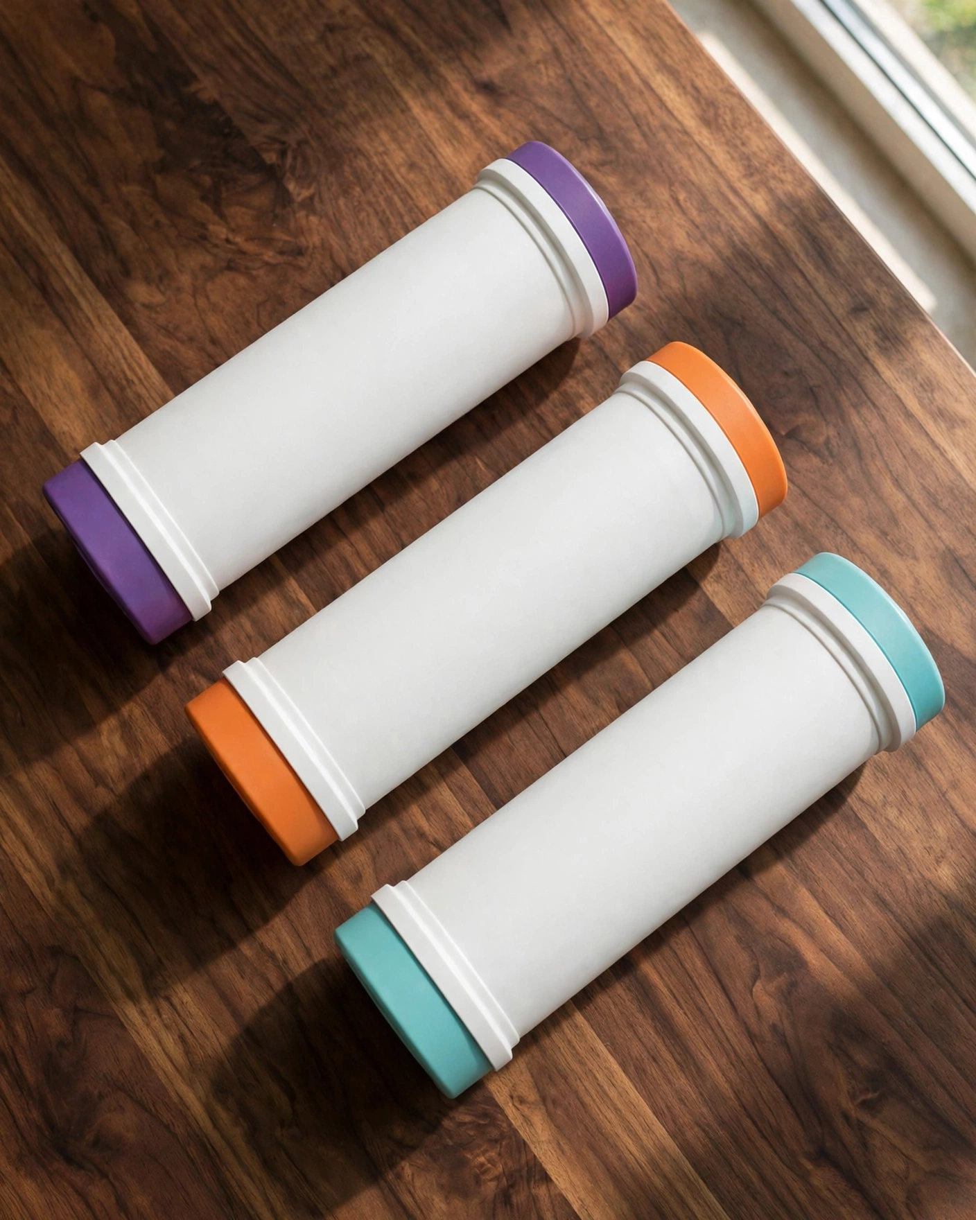Three unlabeled EveryDrop-style filter cartridges with purple, orange and aqua caps, top-down flat-lay