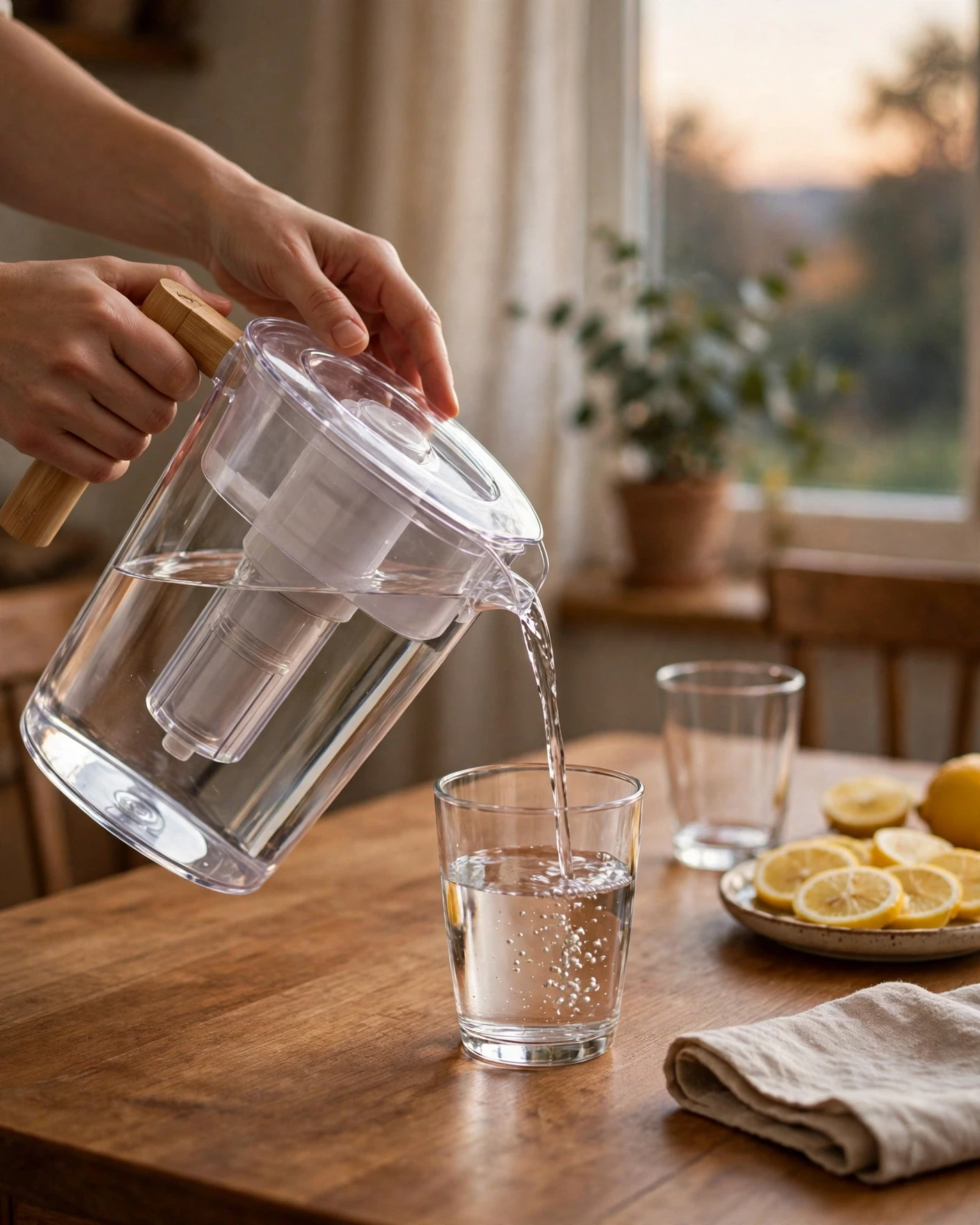 Pouring filtered water from the EPIC PURE pitcher into a glass on the dining table