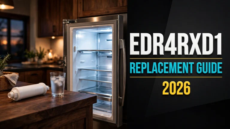 EveryDrop EDR4RXD1 refrigerator water filter cartridge lying beside an open stainless refrigerator