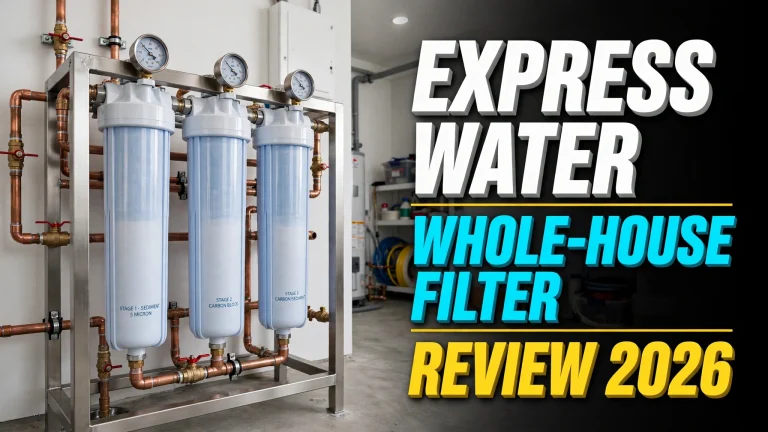 Express Water 3-stage whole-house filter on a freestanding stainless steel frame with pressure gauges in a utility room