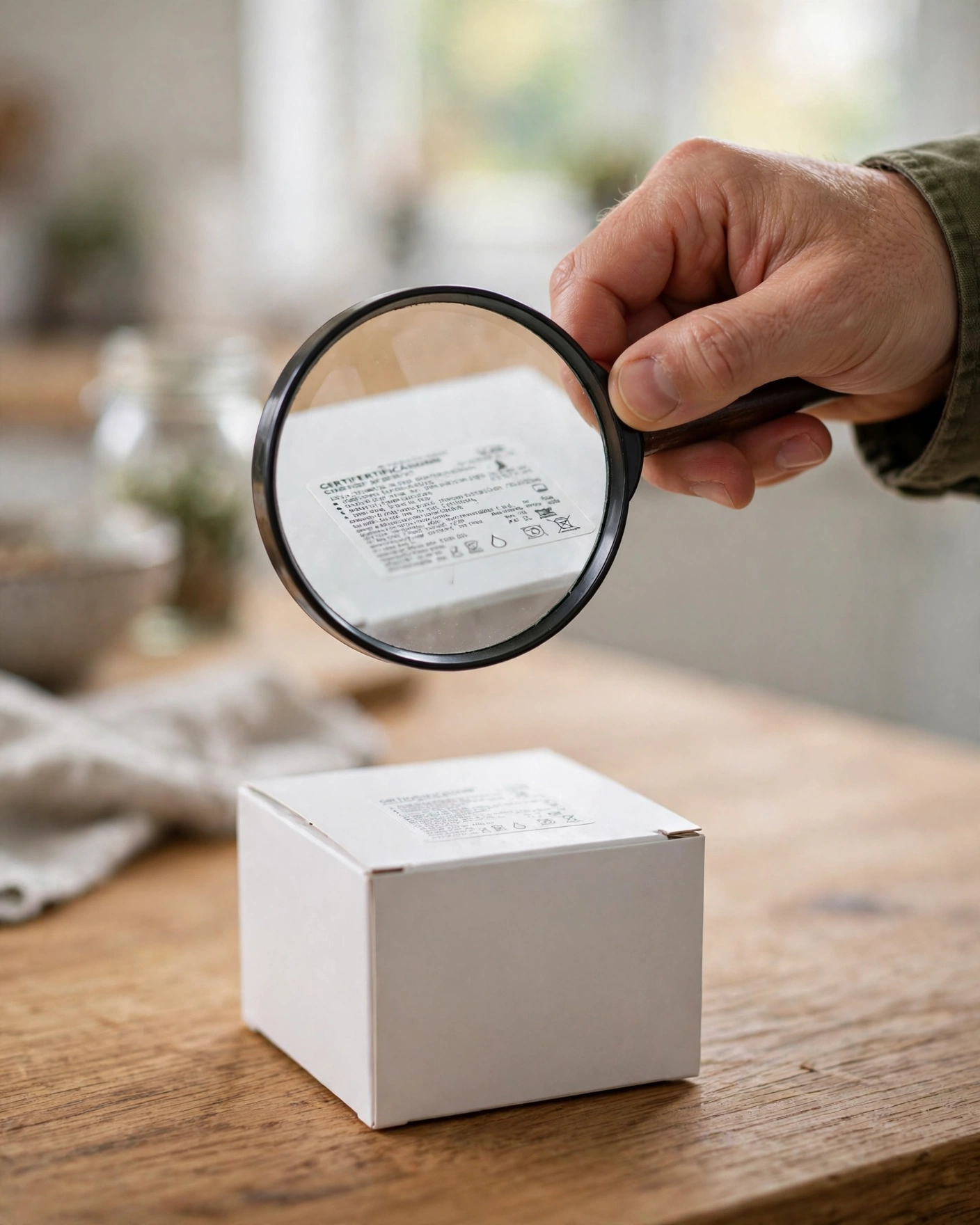 Magnifying glass held over the small certification print on a refrigerator water filter box