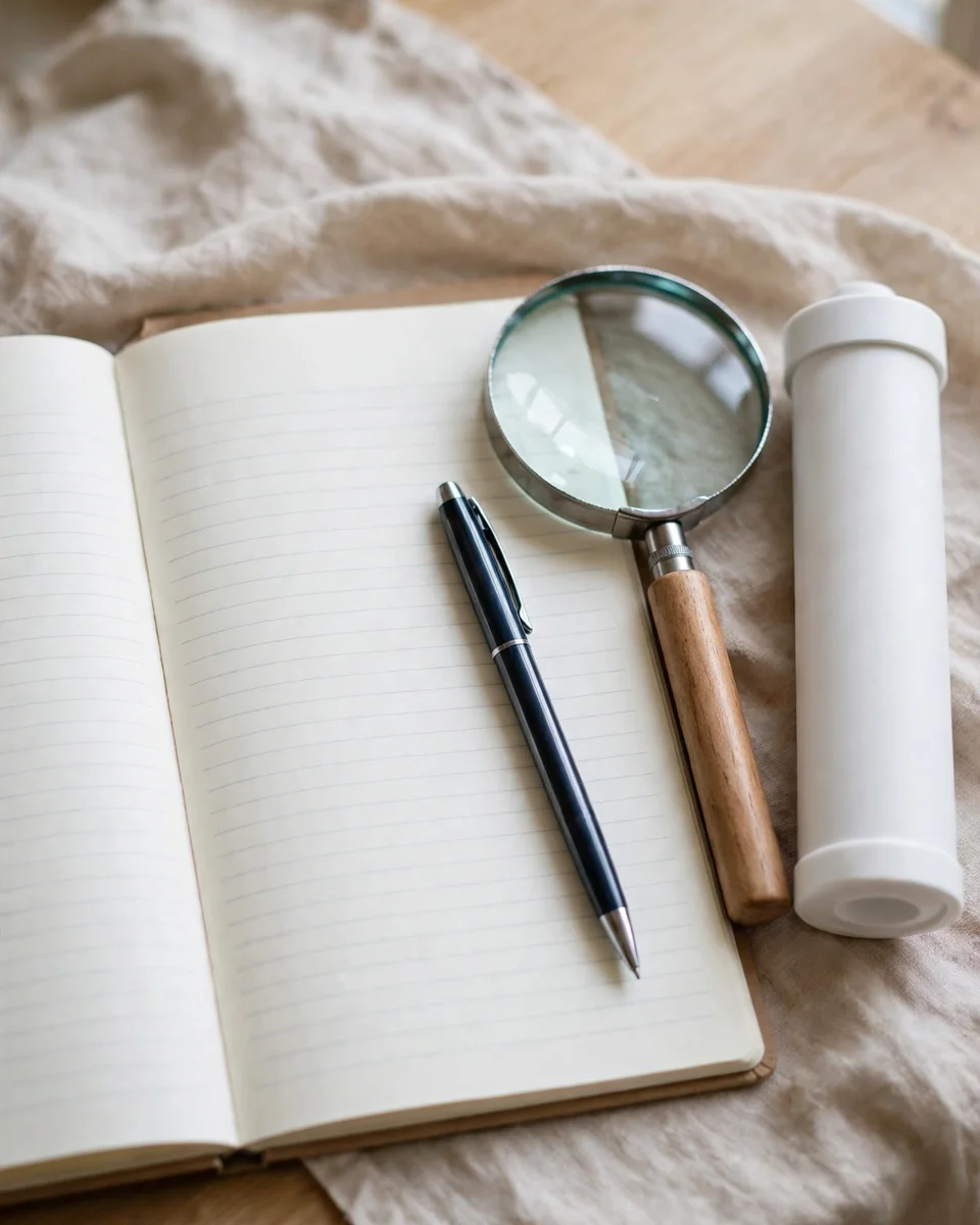Notebook, magnifying glass and a filter cartridge — the verification checklist