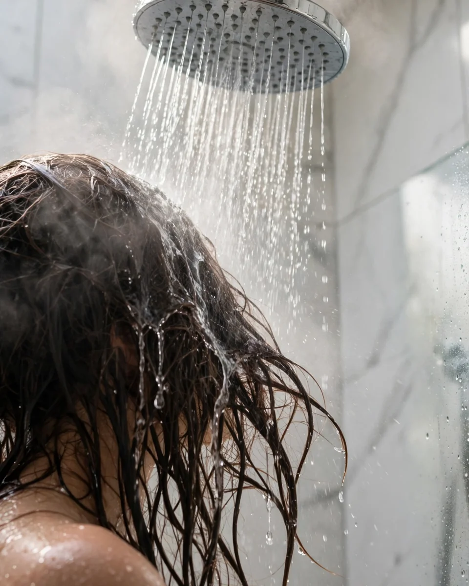 Woman rinsing long hair under a rainfall shower head fitted with a chrome inline filter canister