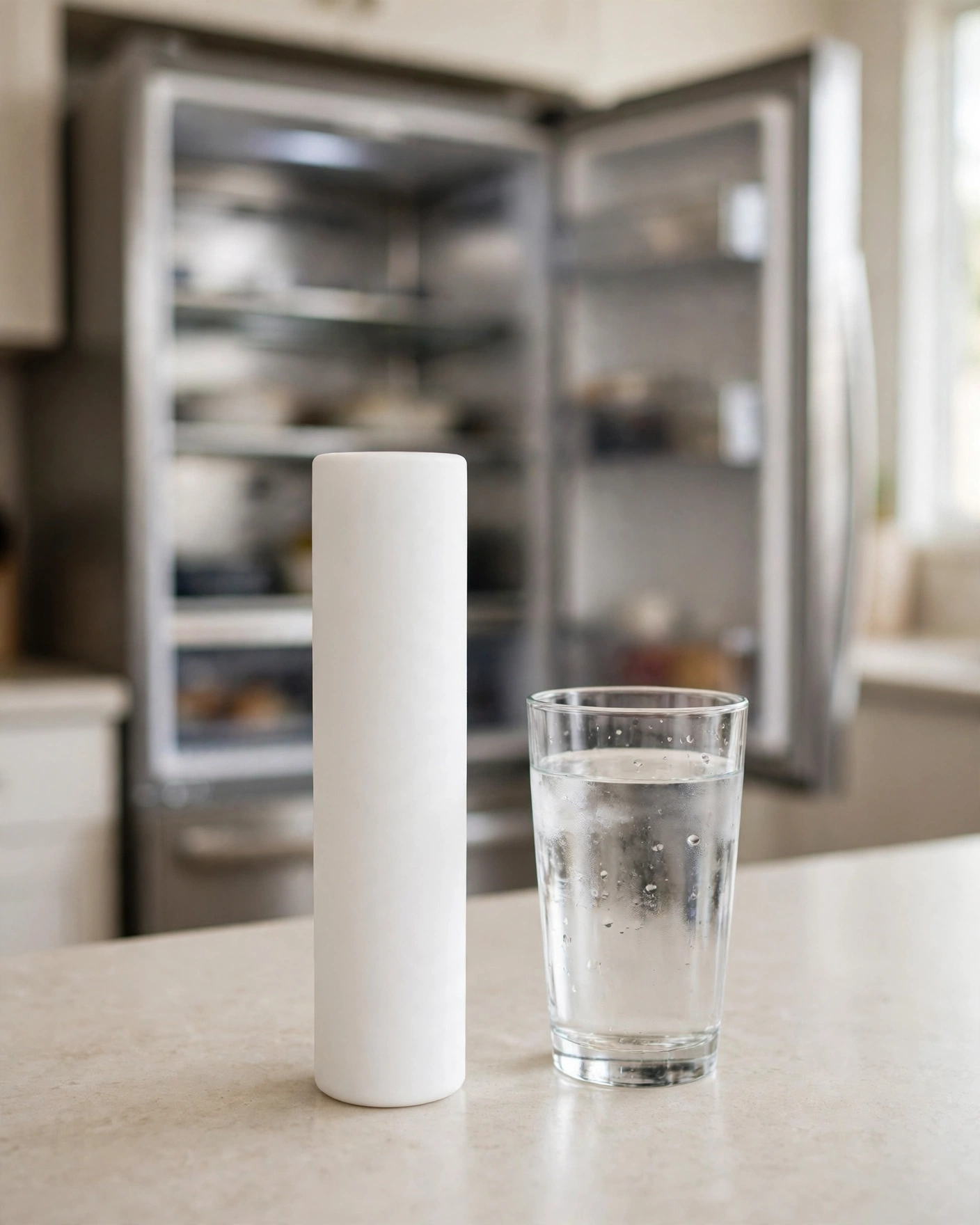 Single unlabeled refrigerator water filter cartridge on a counter with a glass of water, open fridge behind