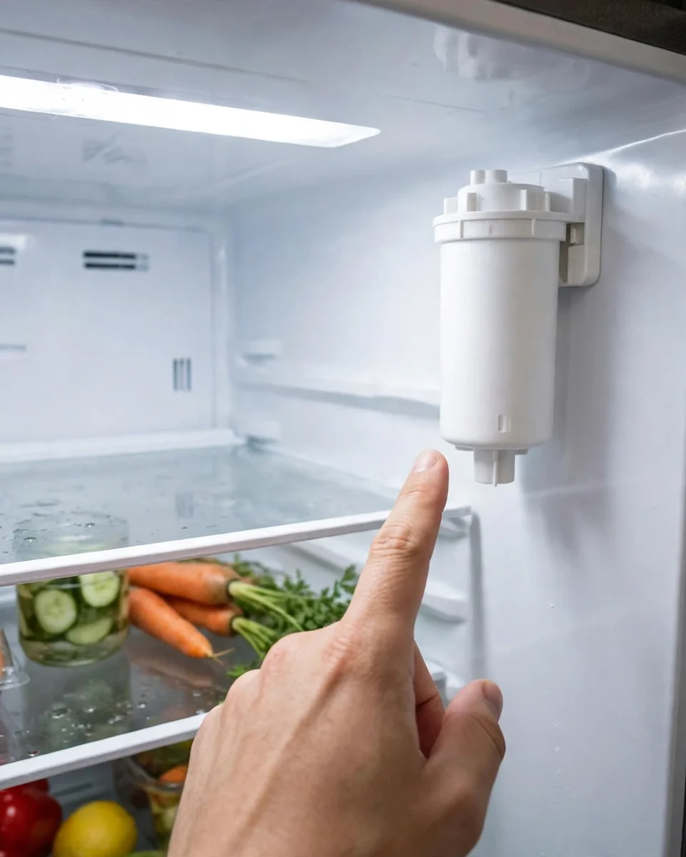 Hand pointing at a fridge filter cartridge mounted in the upper corner inside the refrigerator