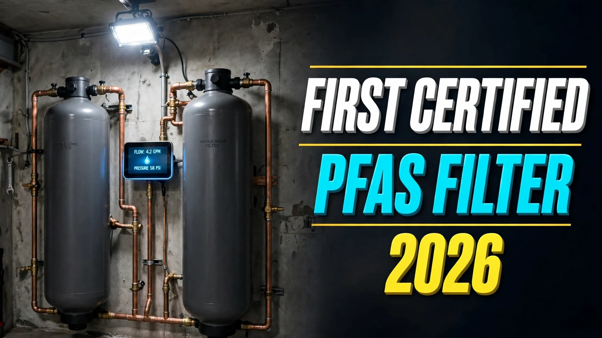 First Certified PFAS Filter 2026 news: twin whole-house filtration tanks with a touchscreen monitor in a garage