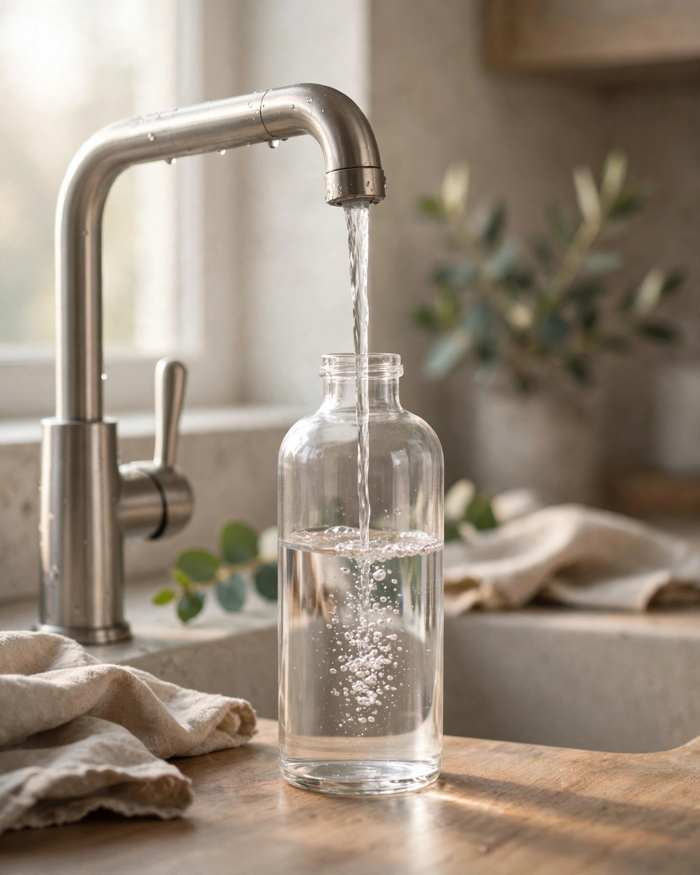 A sample bottle filling slowly from a faucet in morning light