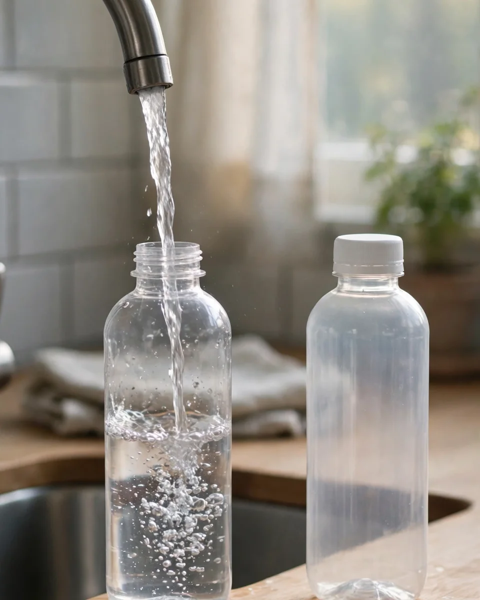Plain sample bottles at a kitchen faucet — one being filled with the first draw of the morning for a lead test