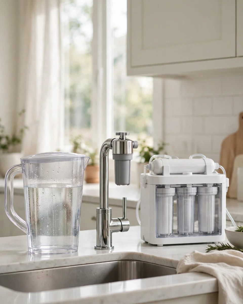 Three alternatives on a kitchen counter — a filter pitcher, a faucet-mounted filter and a countertop reverse osmosis unit