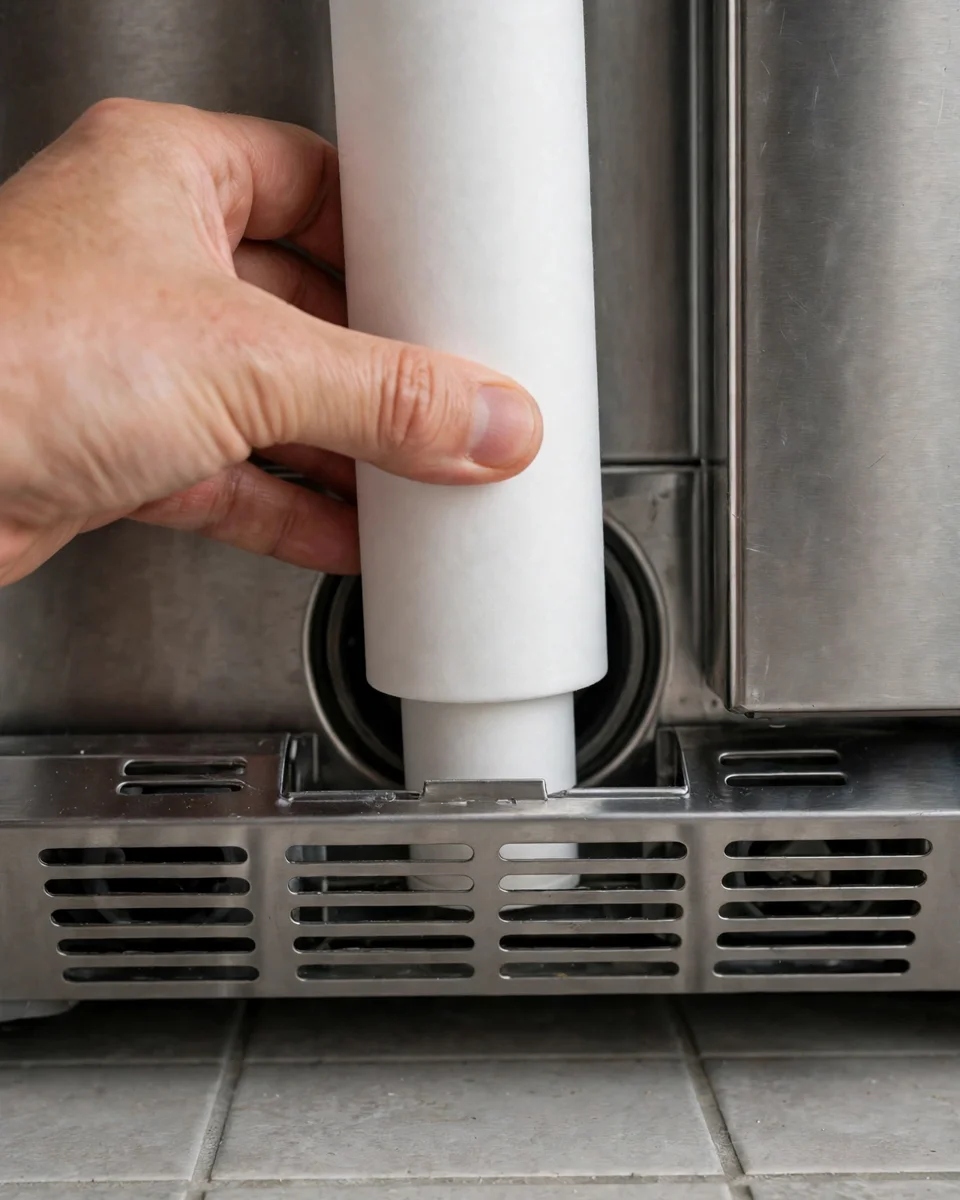 Hand pushing a plain white filter cartridge into the base grille slot at the bottom front of a refrigerator