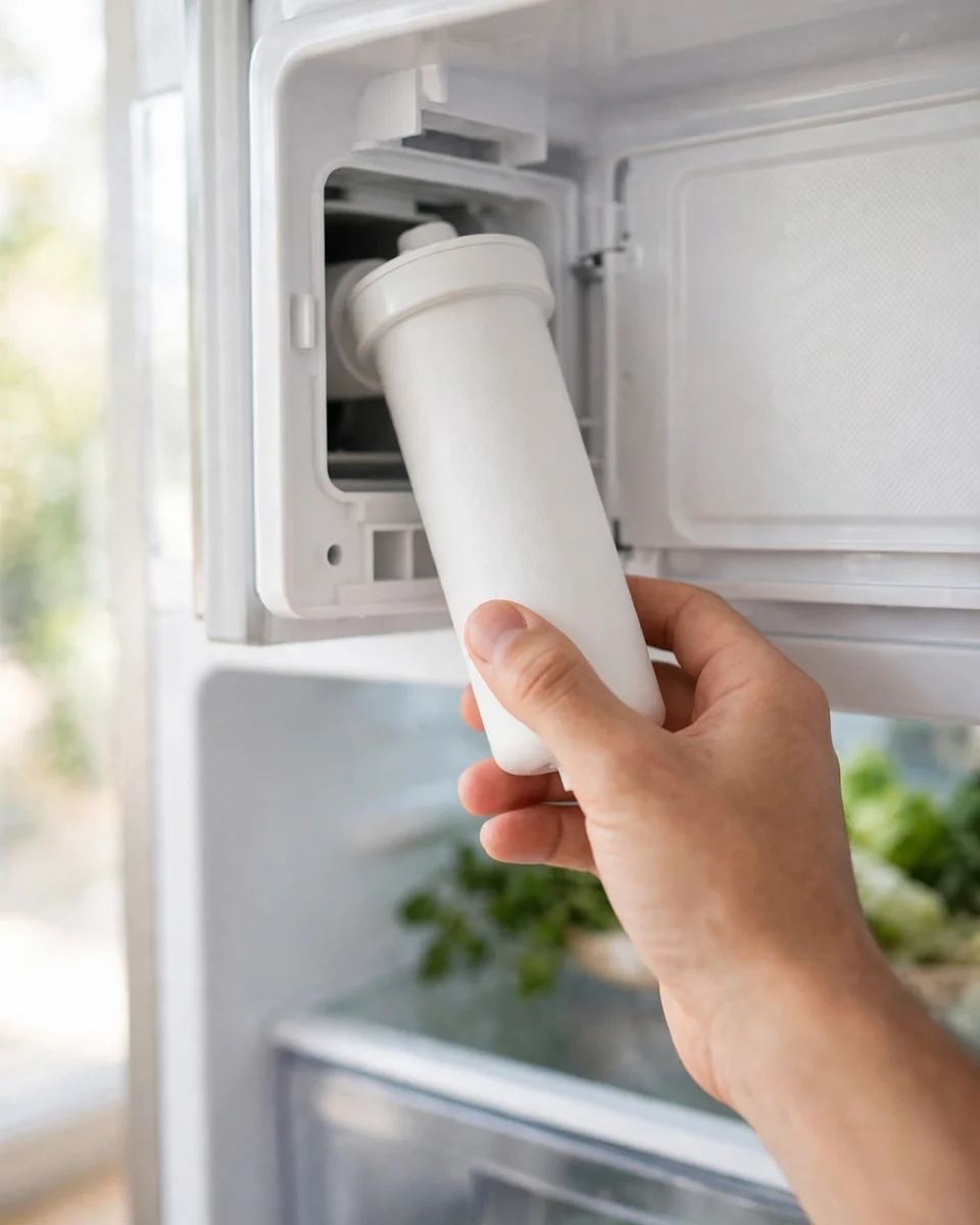 A hand installing a white refrigerator water filter cartridge into the filter compartment inside a fridge