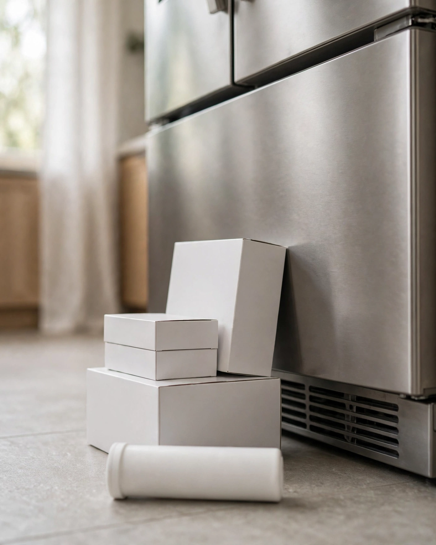 Plain unlabeled retail boxes for refrigerator filters in a kitchen