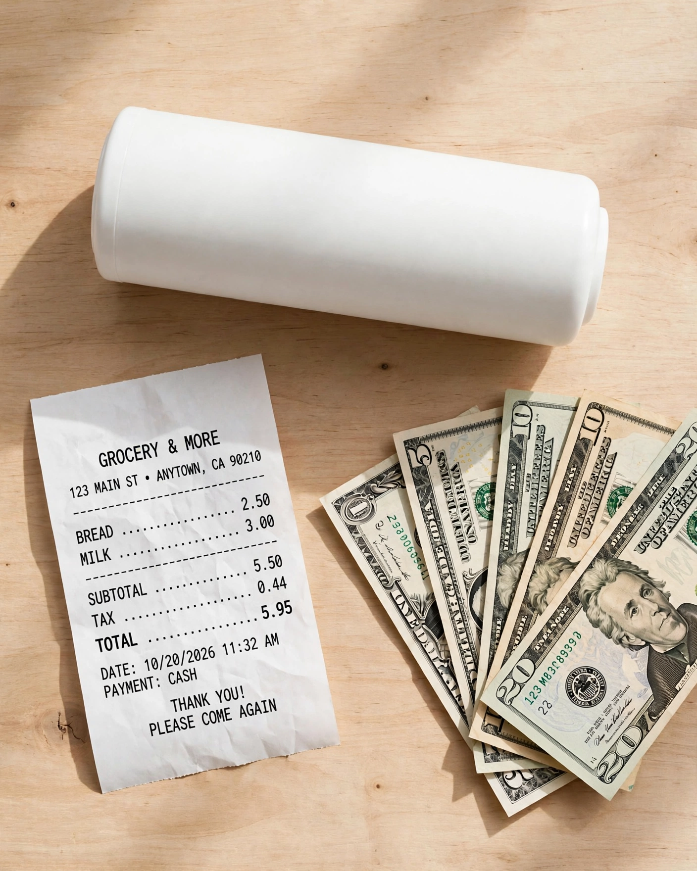 A blank white filter cartridge with dollar bills and a receipt on a wooden table