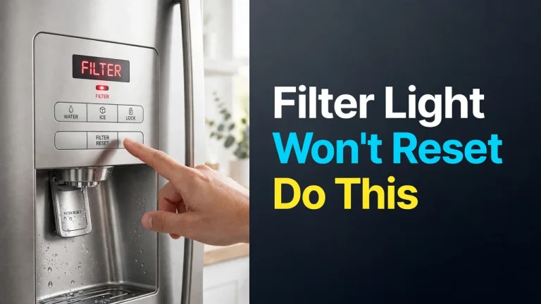 Fridge water filter reset instructions — red FILTER light on the panel, finger on the reset button