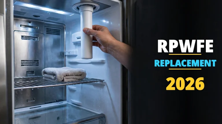 RPWFE replacement guide 2026: hand pushing a blank white refrigerator water filter cartridge into the interior housing of an open French-door refrigerator