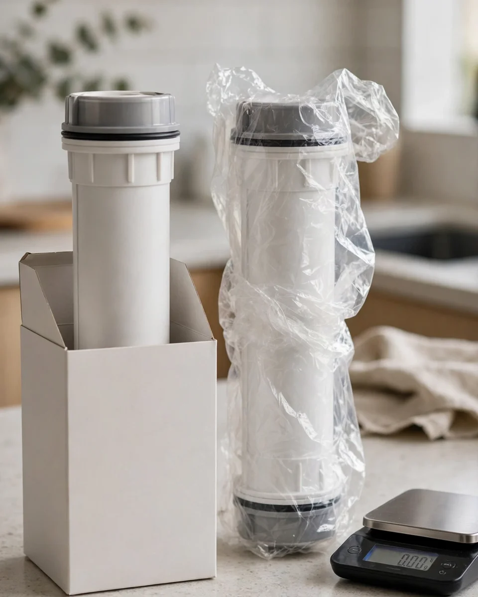 Two refrigerator filter cartridges compared on a counter — one in a sturdy matte box, one in thin crumpled plastic, with a kitchen scale nearby