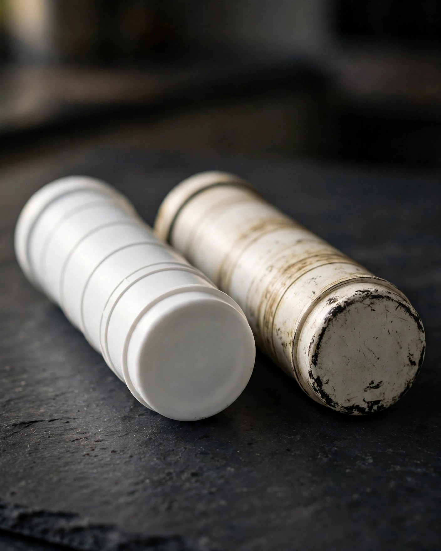 Two refrigerator filter cartridges side by side showing quality differences between a genuine cartridge and a knockoff