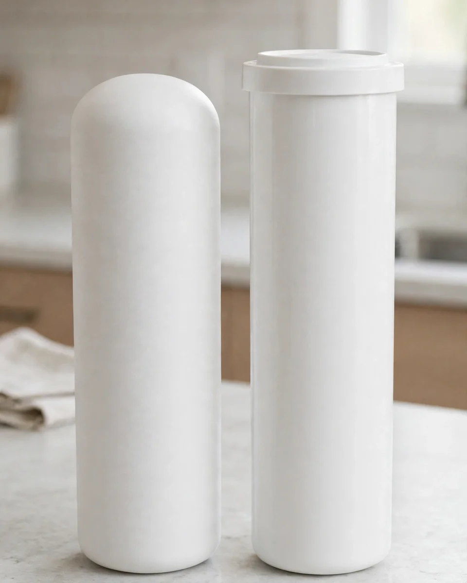 Two blank filter cartridges side by side with subtly different shapes and finishes