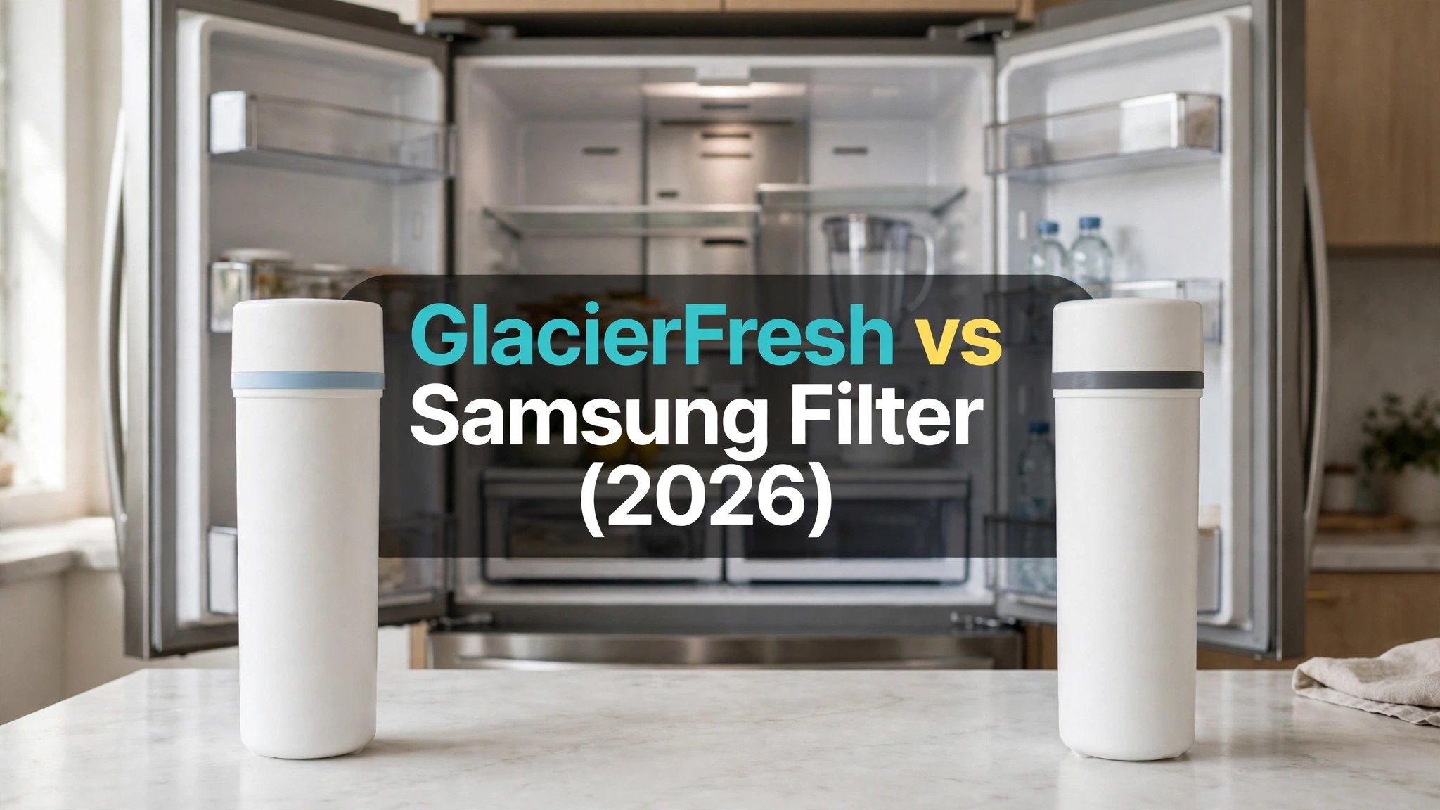 GlacierFresh GF-841 and genuine Samsung HAF-QIN cartridges side by side in front of a refrigerator