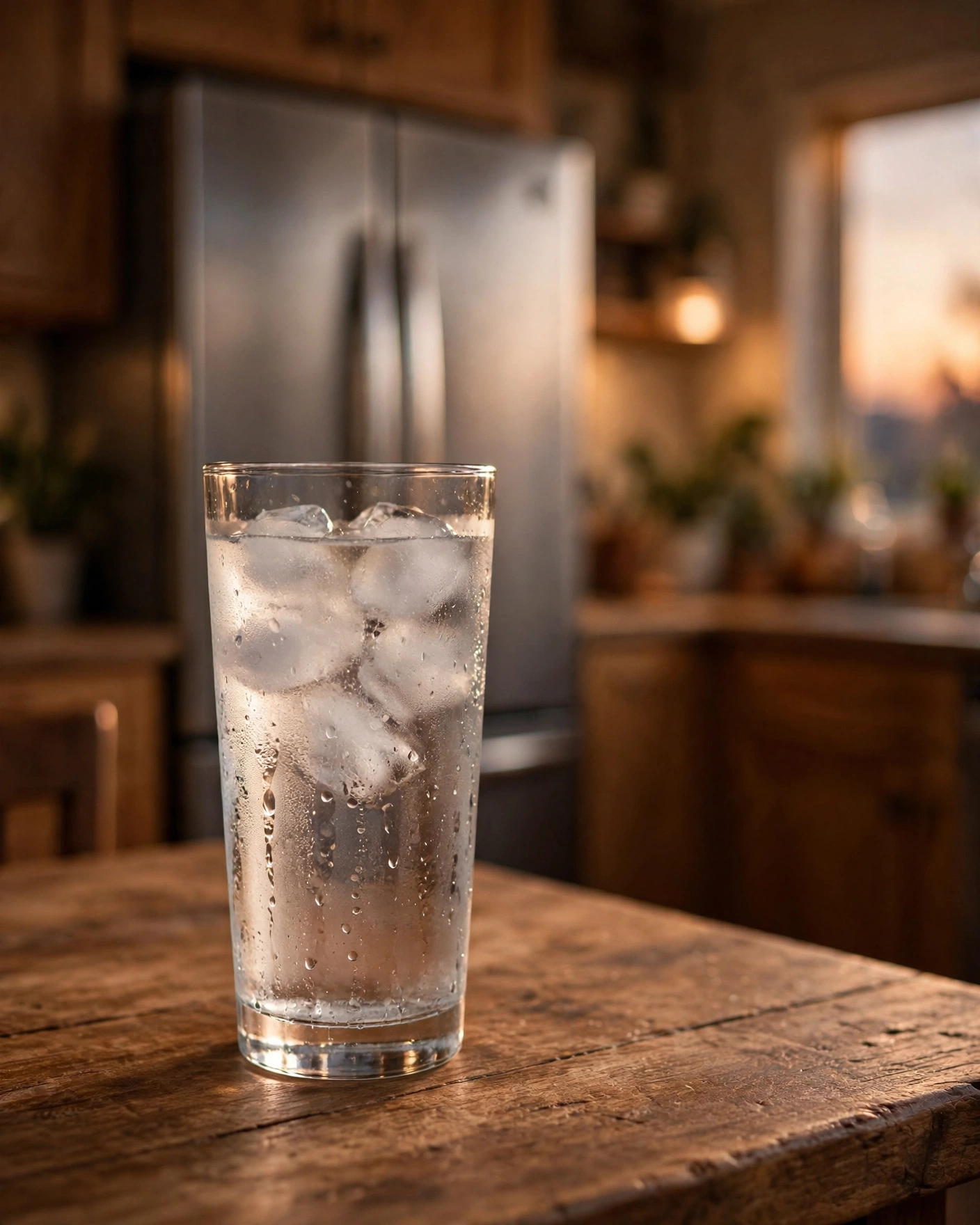 A glass of ice water with condensation on a wooden kitchen table