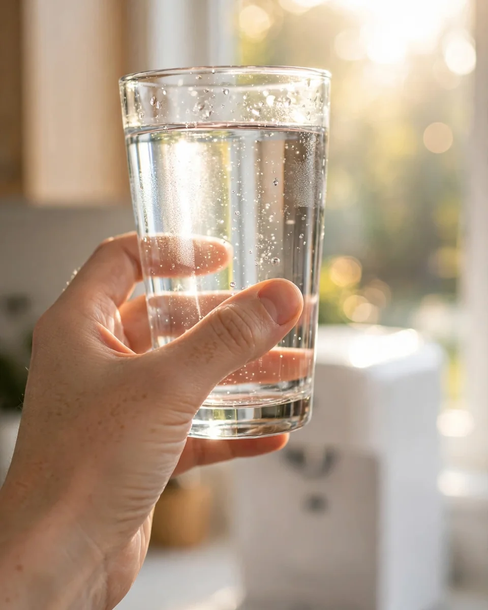 Hand holding a glass of crystal-clear filtered water up to bright window light