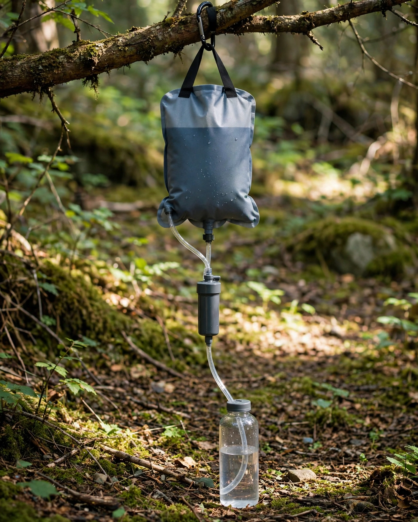 A portable gravity bag system hanging from a tree branch, filling a bottle