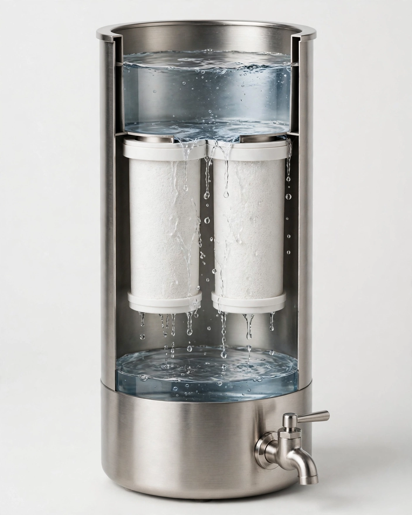 Cutaway diagram of a stainless gravity water filter showing the upper chamber draining through twin filter elements into the lower chamber