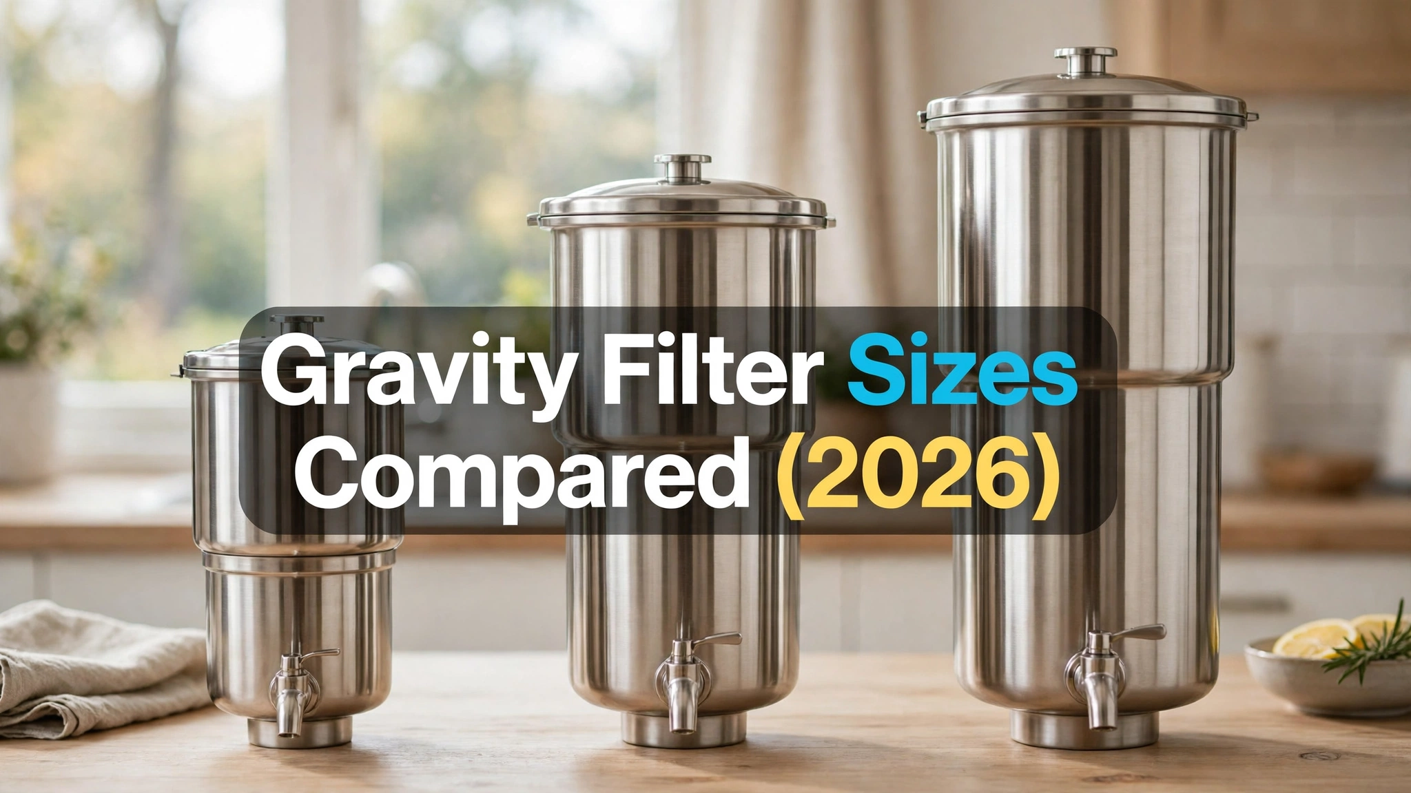 Three stainless gravity water filters in small, medium and large sizes in a row