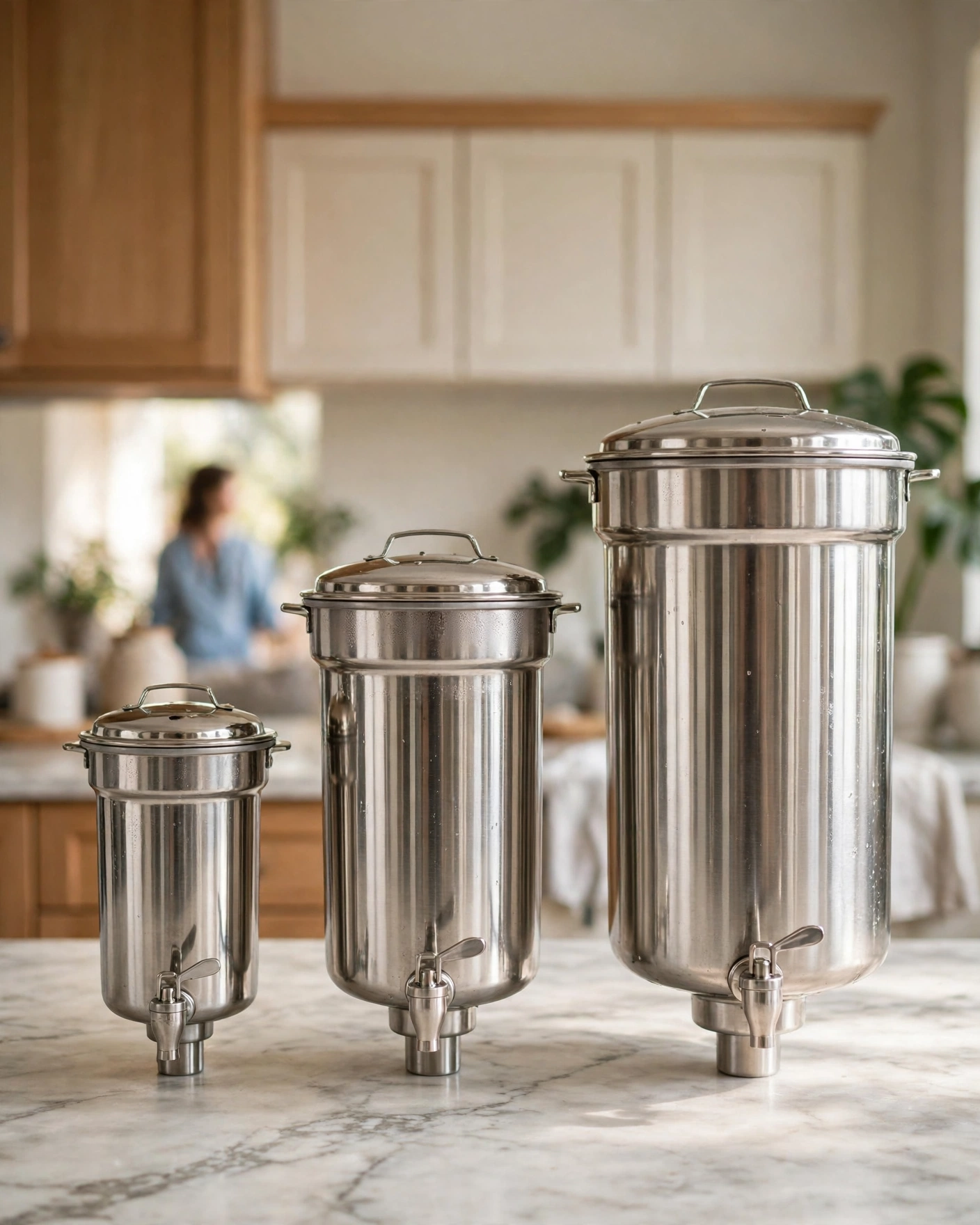 Three gravity filters of different heights in a row on a marble kitchen counter