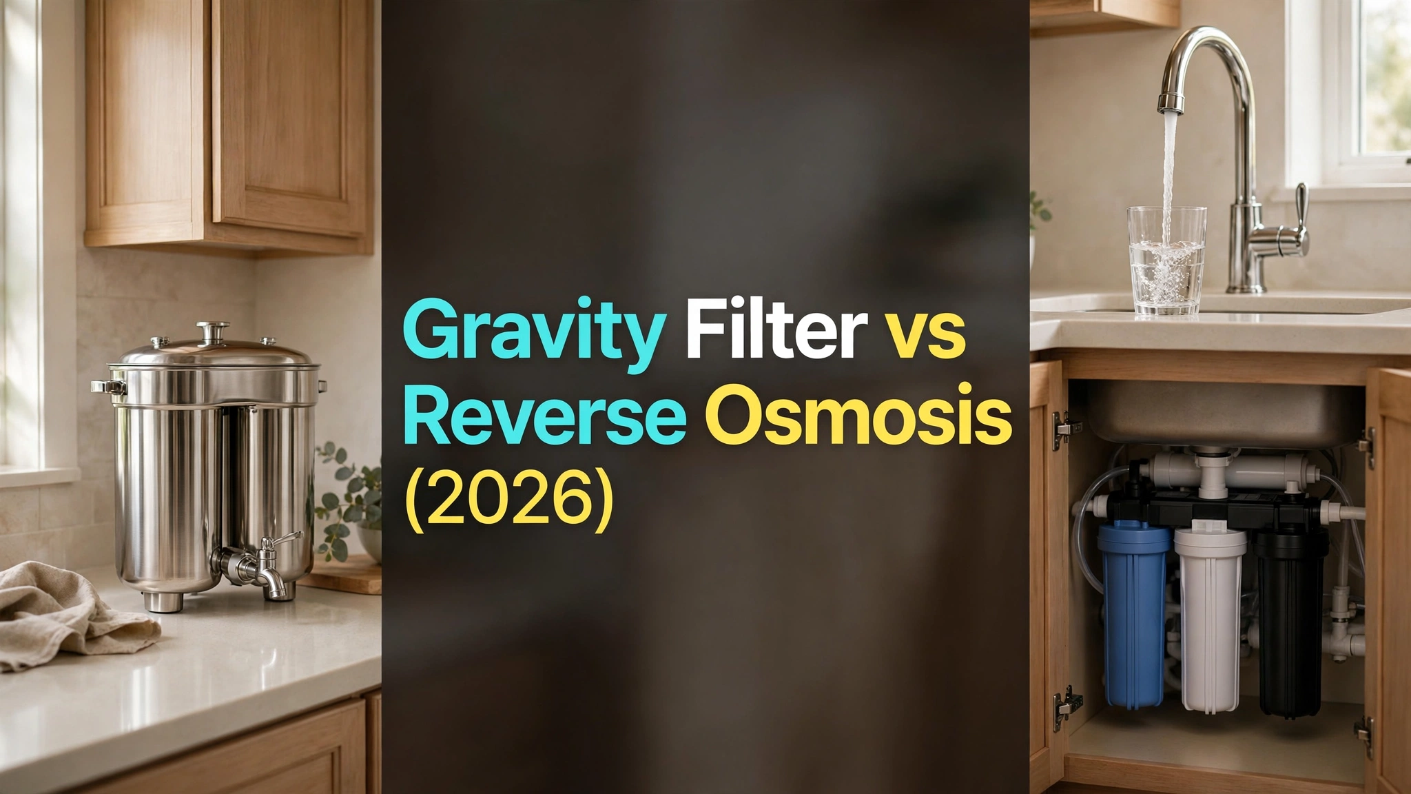 A gravity urn on a counter beside an under-sink RO unit with its faucet and glass
