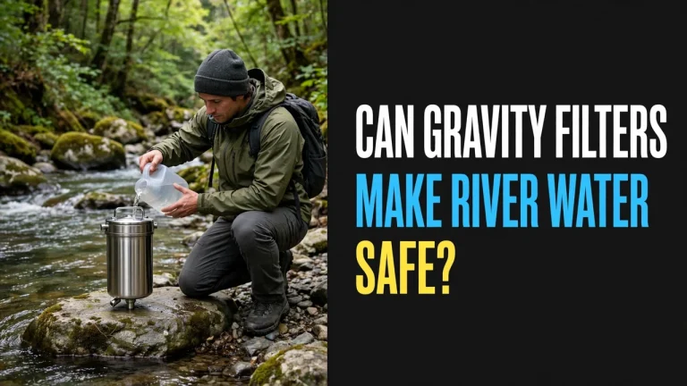 Can gravity filters make river water safe — camper filling a stainless gravity filter with river water at a forest stream