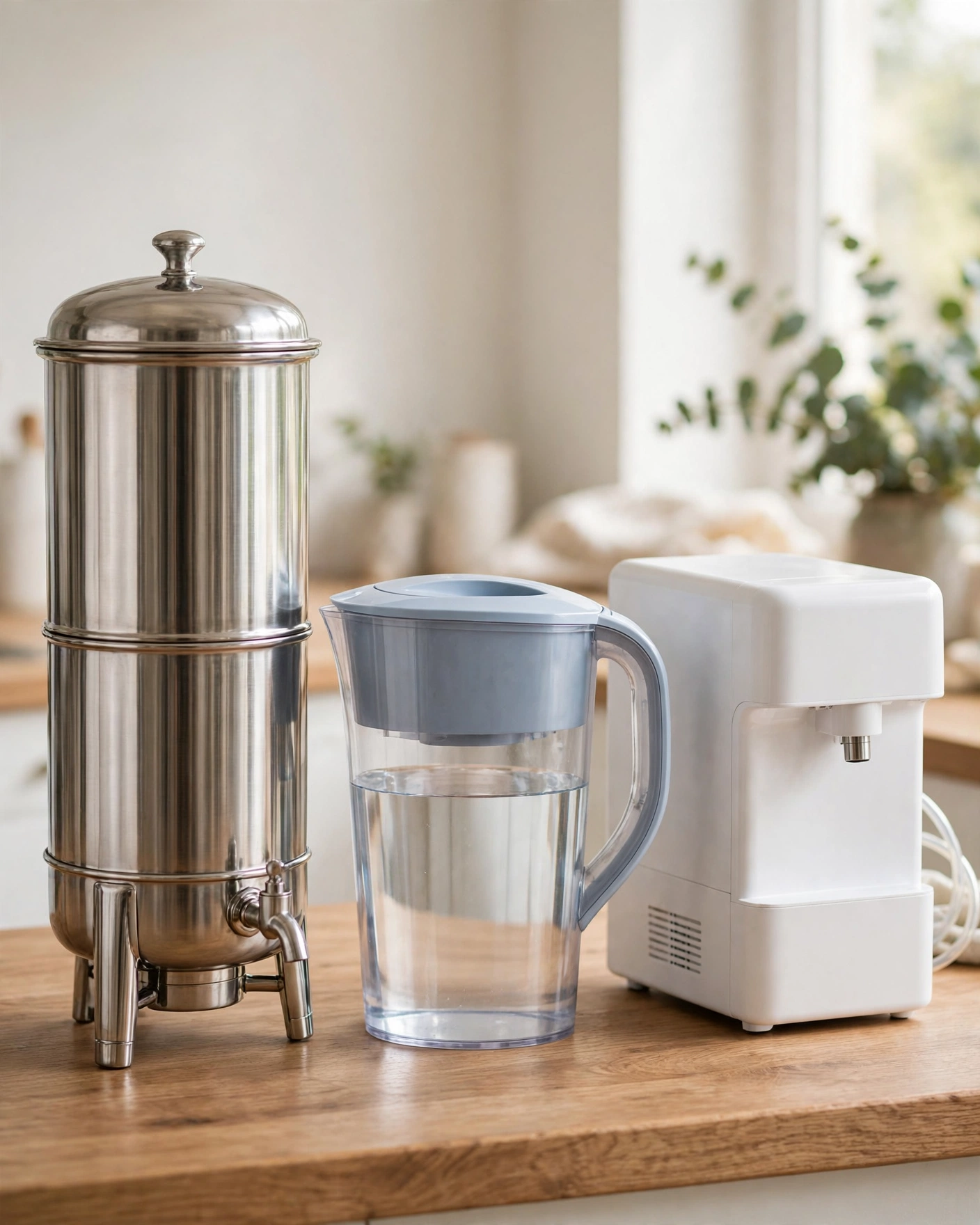 Side-by-side silhouettes of a gravity filter urn, a pitcher filter, and a countertop RO unit on a neutral background