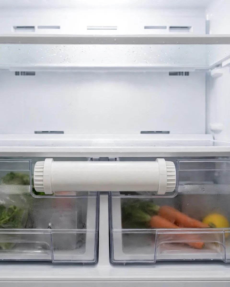 HAF-QIN cartridge seated horizontally between the two crisper drawers in a Samsung French-door refrigerator