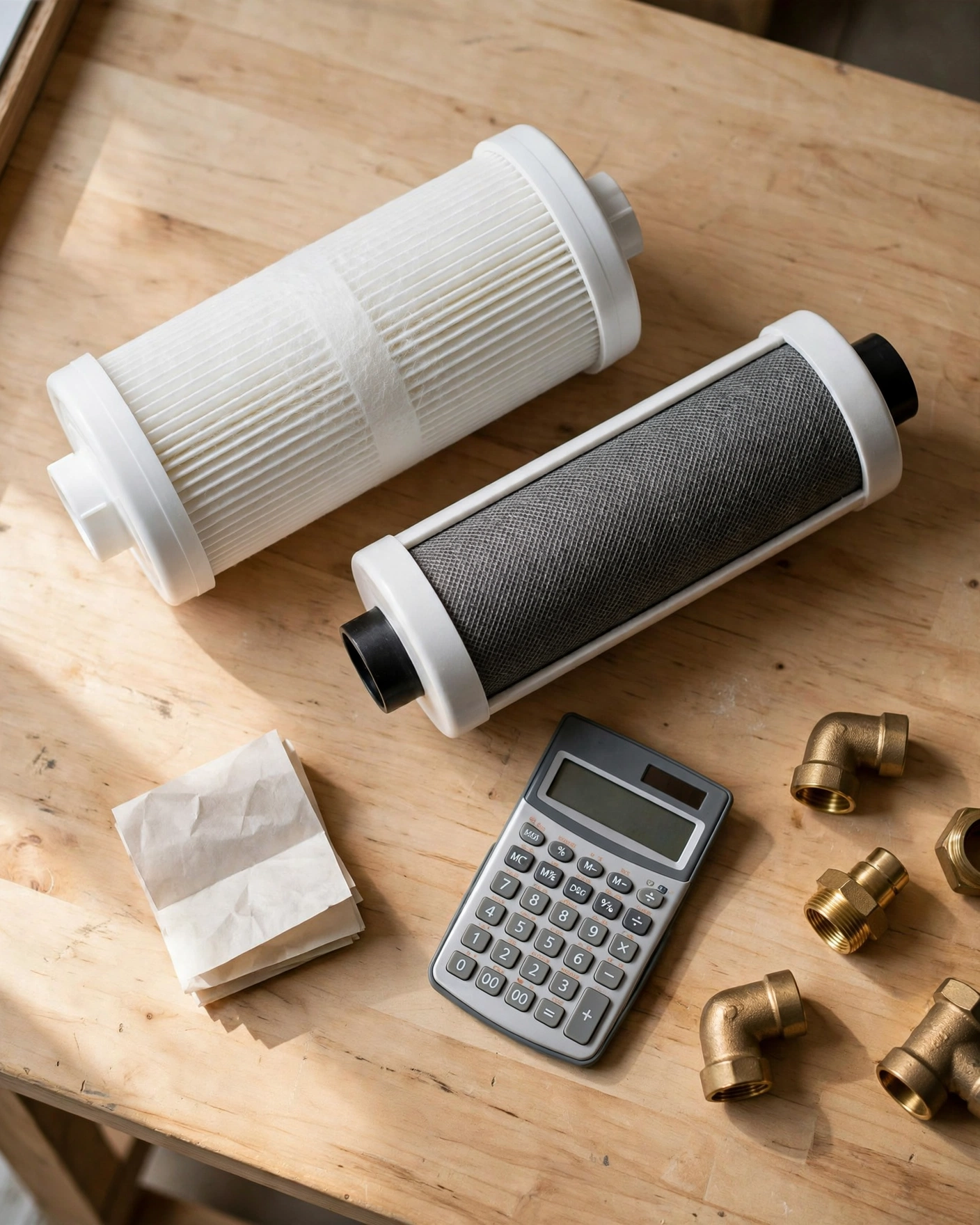 Whole-house replacement filter cartridges with a calculator and receipt illustrating ownership costs