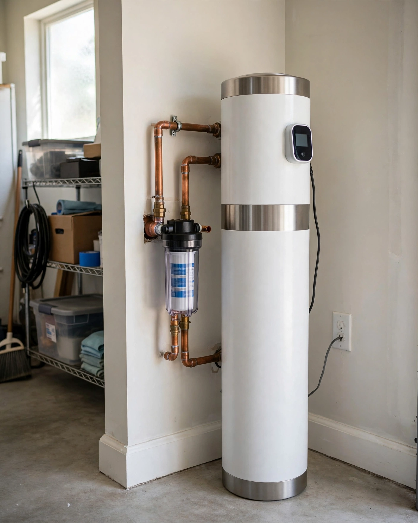 Aquasana HealthShield compact single-tank whole-house filtration unit installed with copper piping