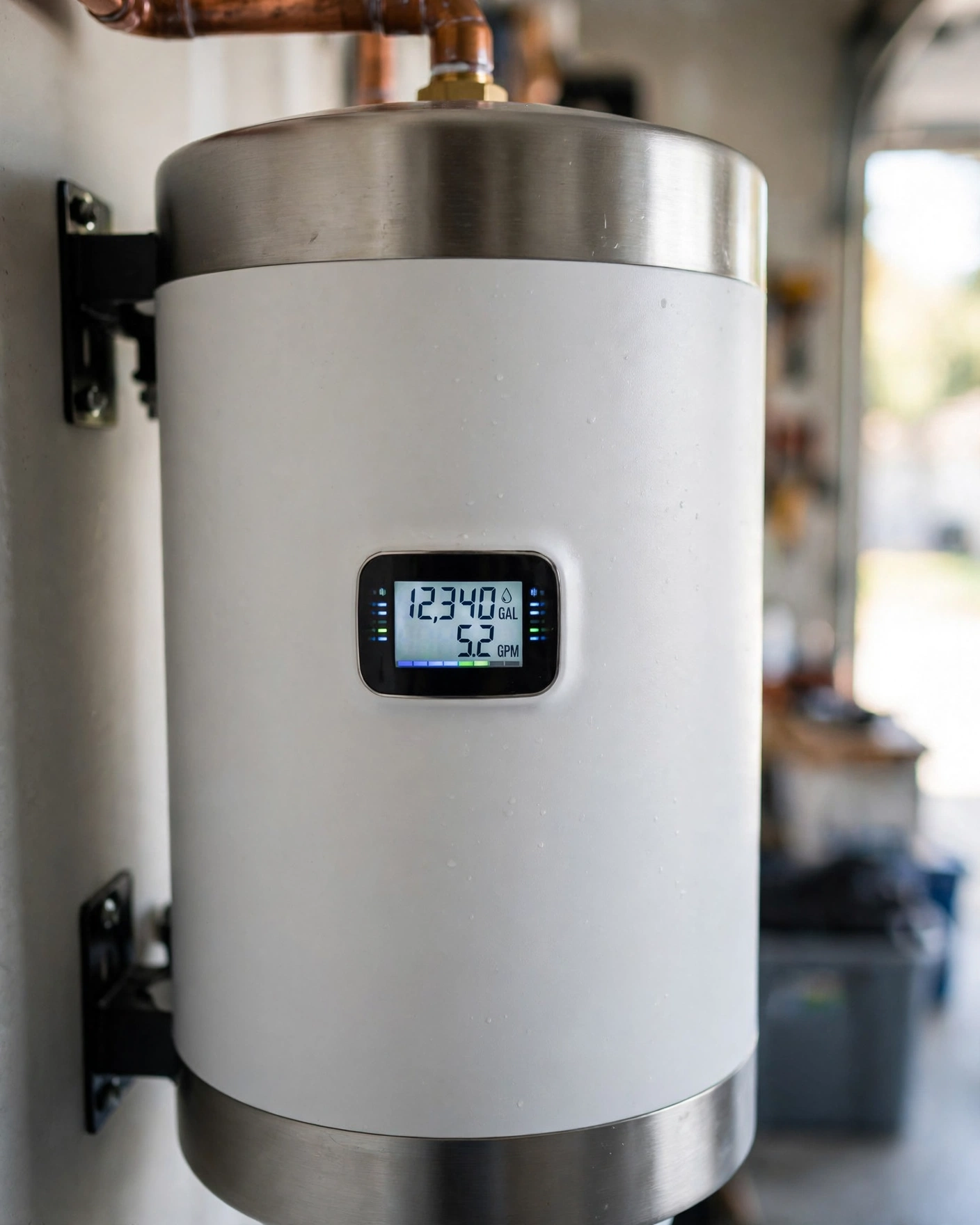 Close-up of the HealthShield tank's digital performance indicator display showing remaining capacity and flow rate