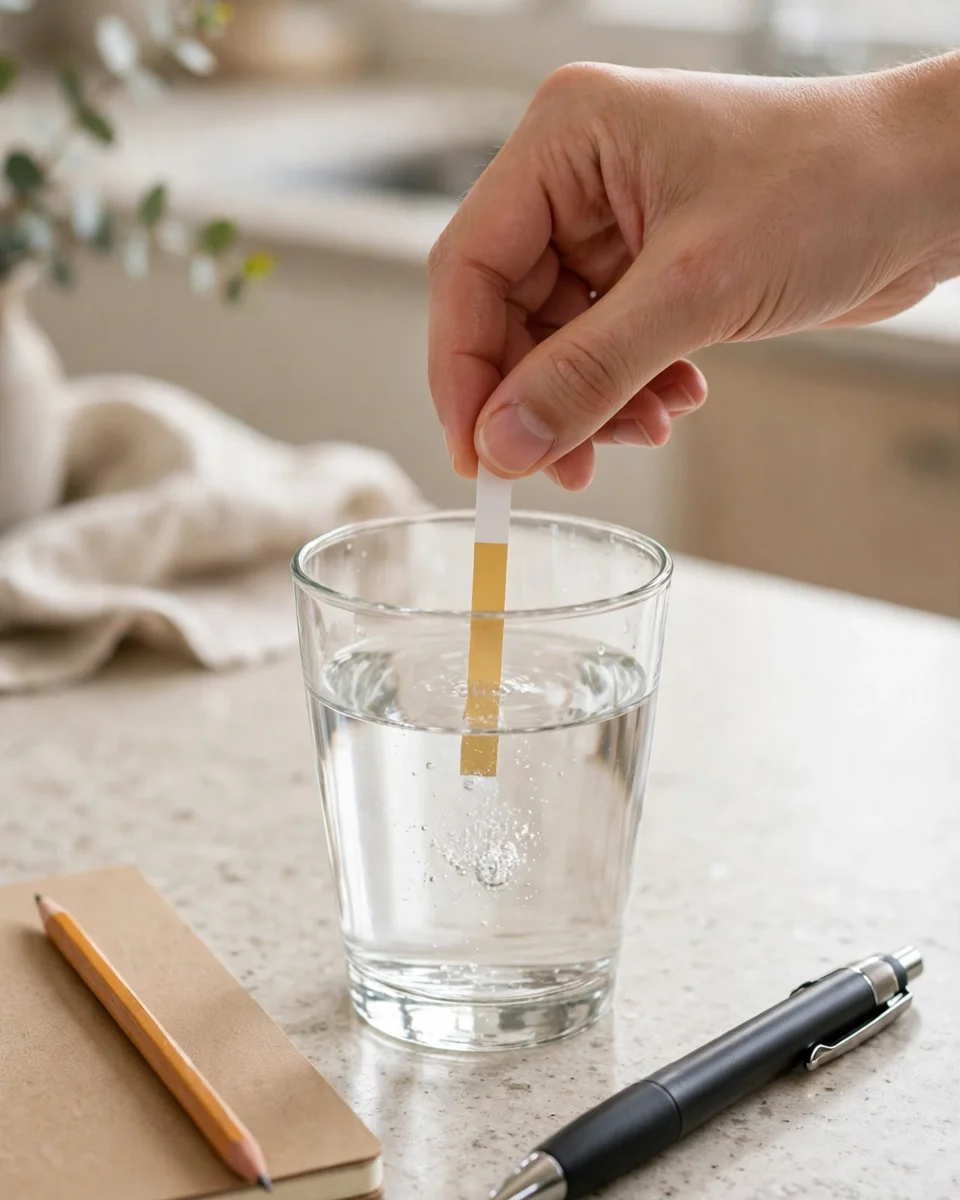 Hand dipping a test strip into a glass of water with a notebook and TDS pen beside it — home screening tools