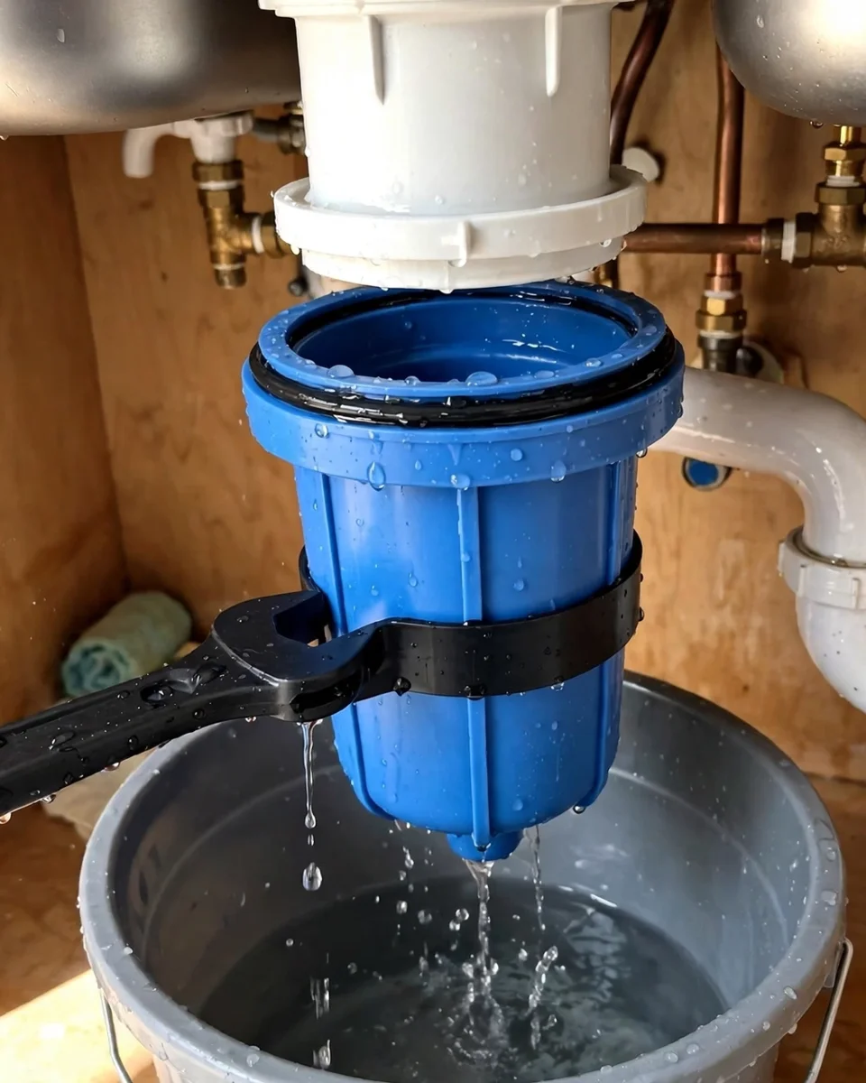 Blue filter sump unscrewed with its O-ring exposed, draining into a bucket