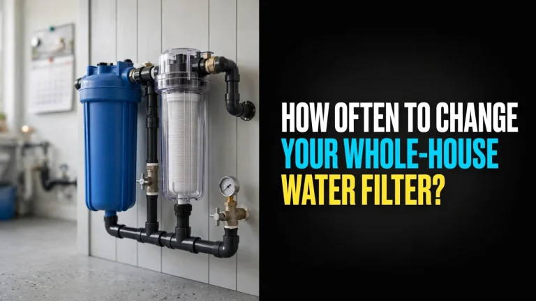How often to change your whole-house water filter — blue and clear filter housings on a utility room wall with a calendar behind