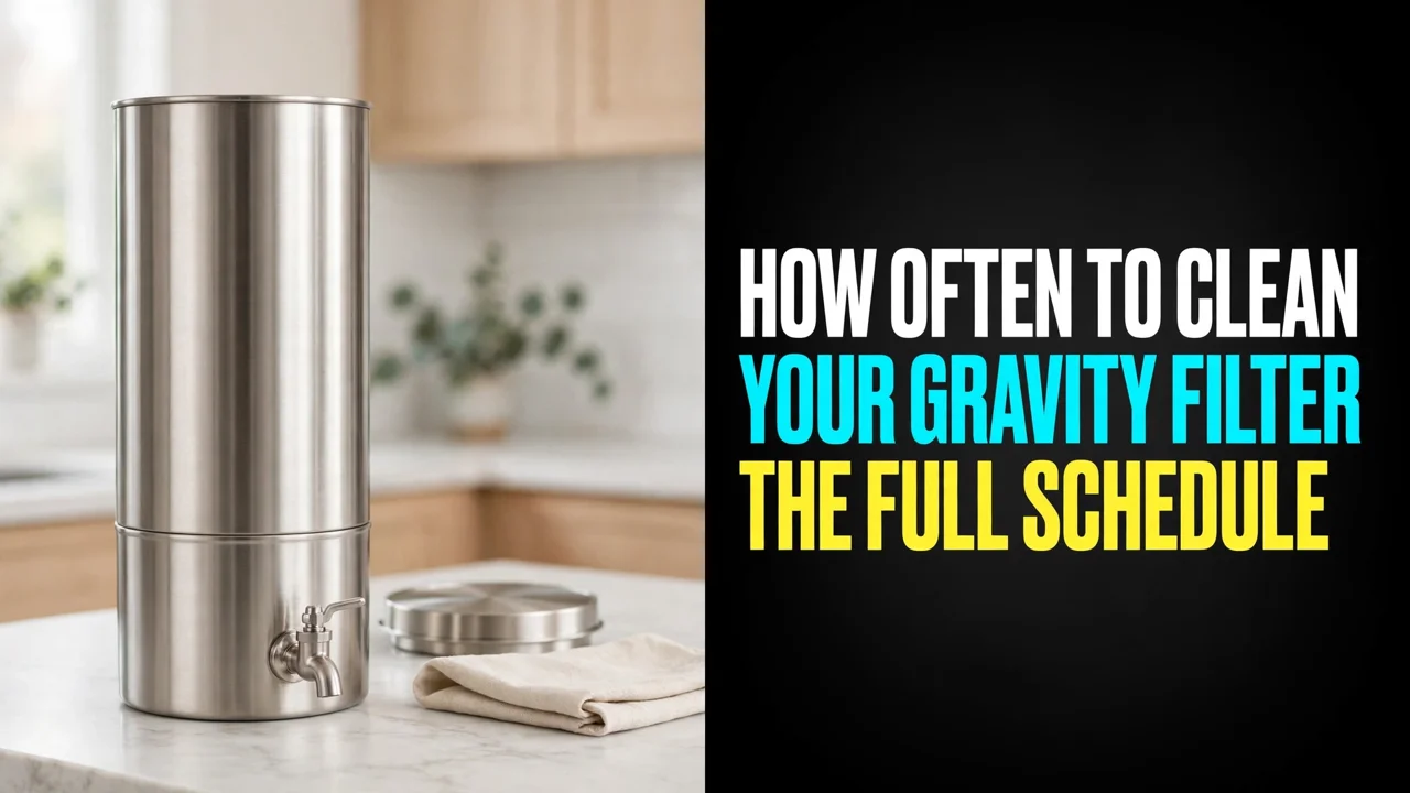 How often to clean a gravity water filter — a stainless gravity system with its lid off and a cloth beside it on a kitchen counter