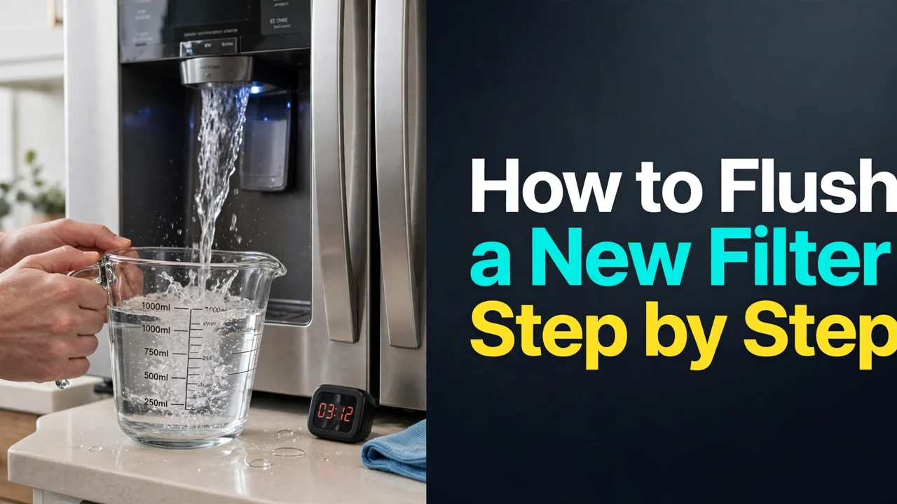 How to flush a new fridge water filter, step by step — jug filling at the dispenser with a timer