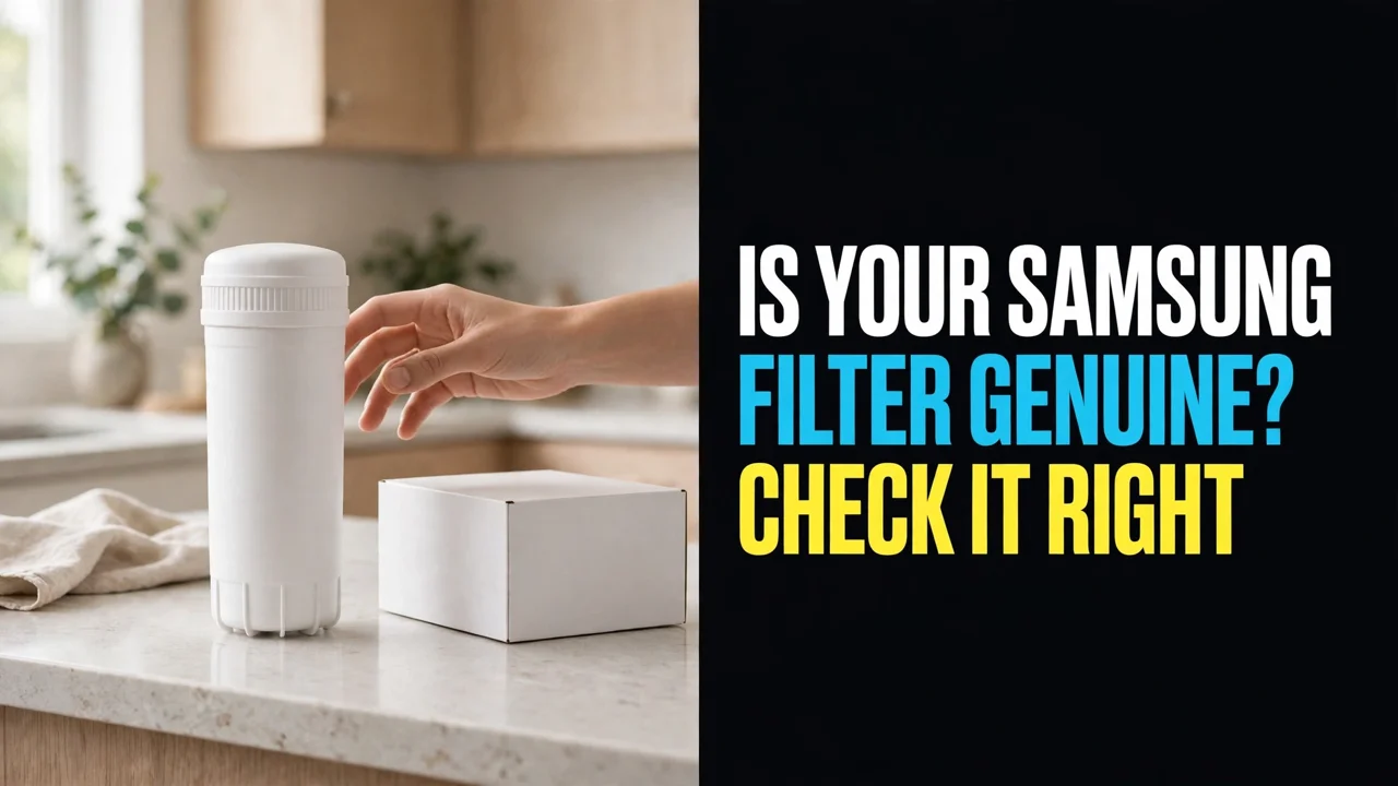 How to tell if a Samsung water filter is genuine — cartridge and plain box on a counter